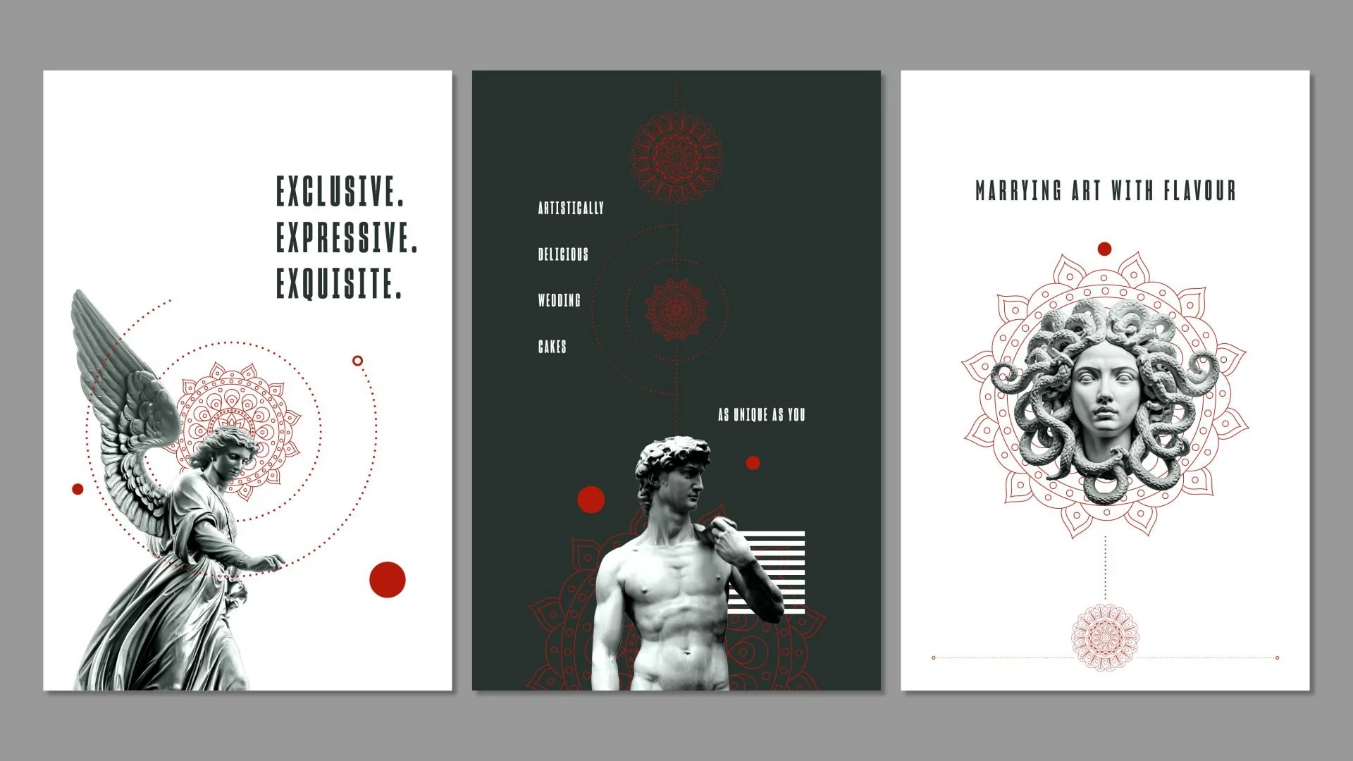 Triptych promotional posters featuring classical sculptures combined with modern graphic design, including a winged angel, a male statue, and a Medusa head, with decorative elements and text about art and wedding cakes.