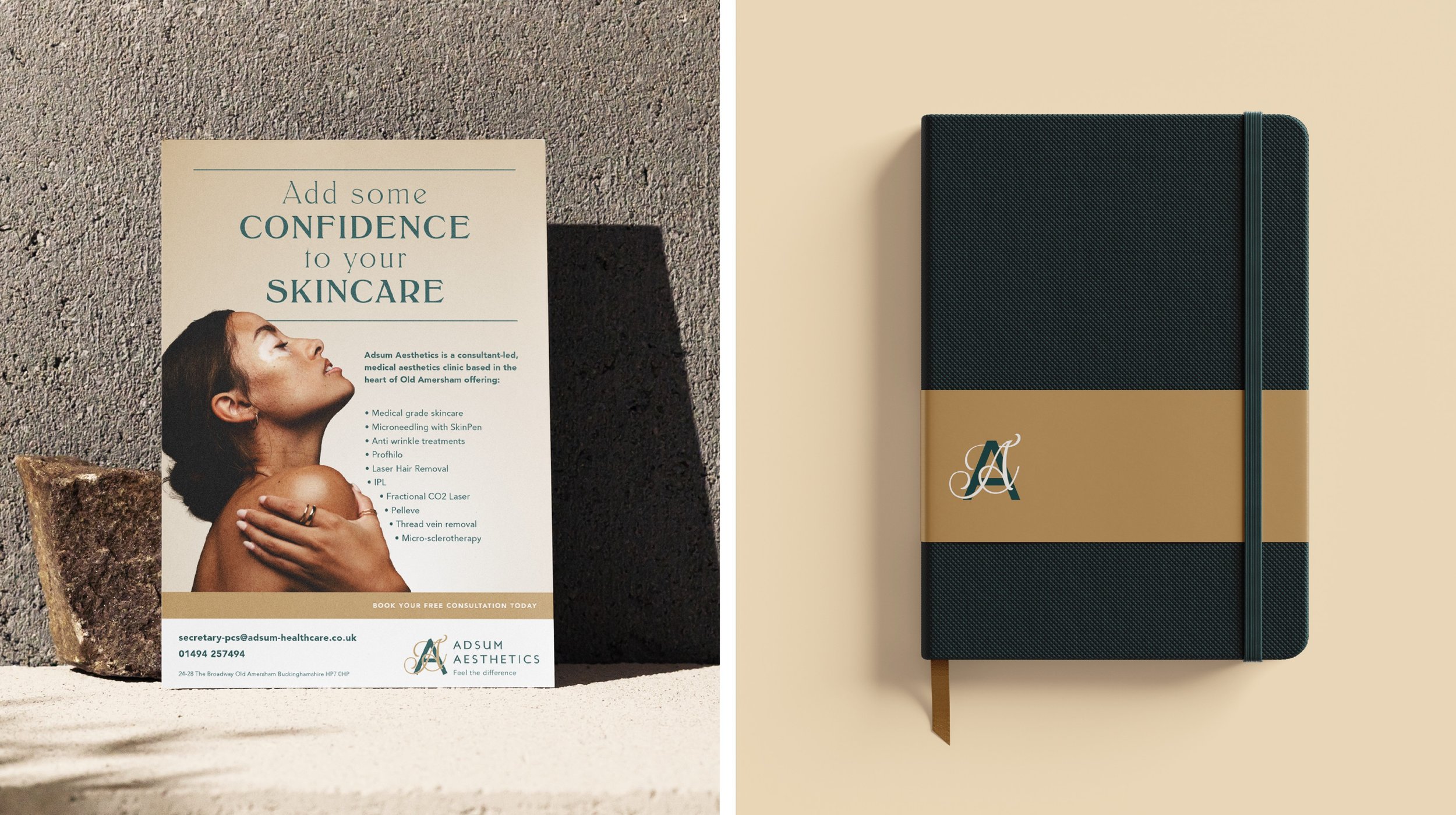 Adsum Aesthetics leaflet design and notebook design by Toy Creative