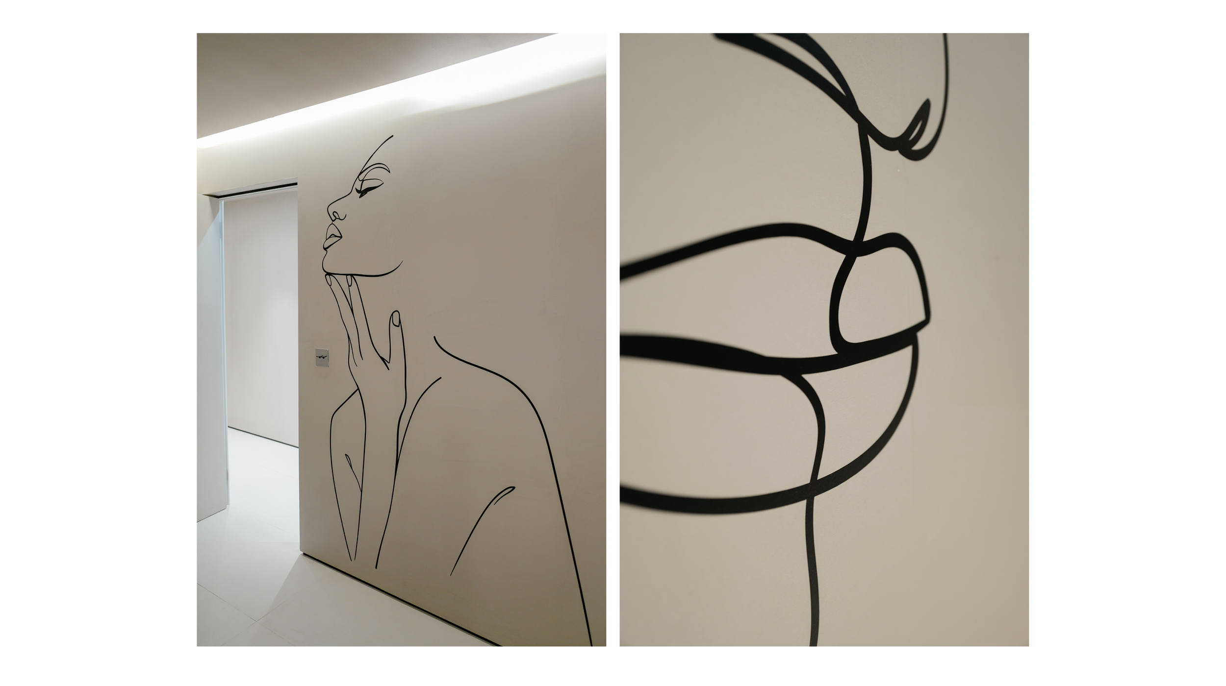 Black line illustration of a female figure on a white wall, with a close-up of the face on the right side of the image.