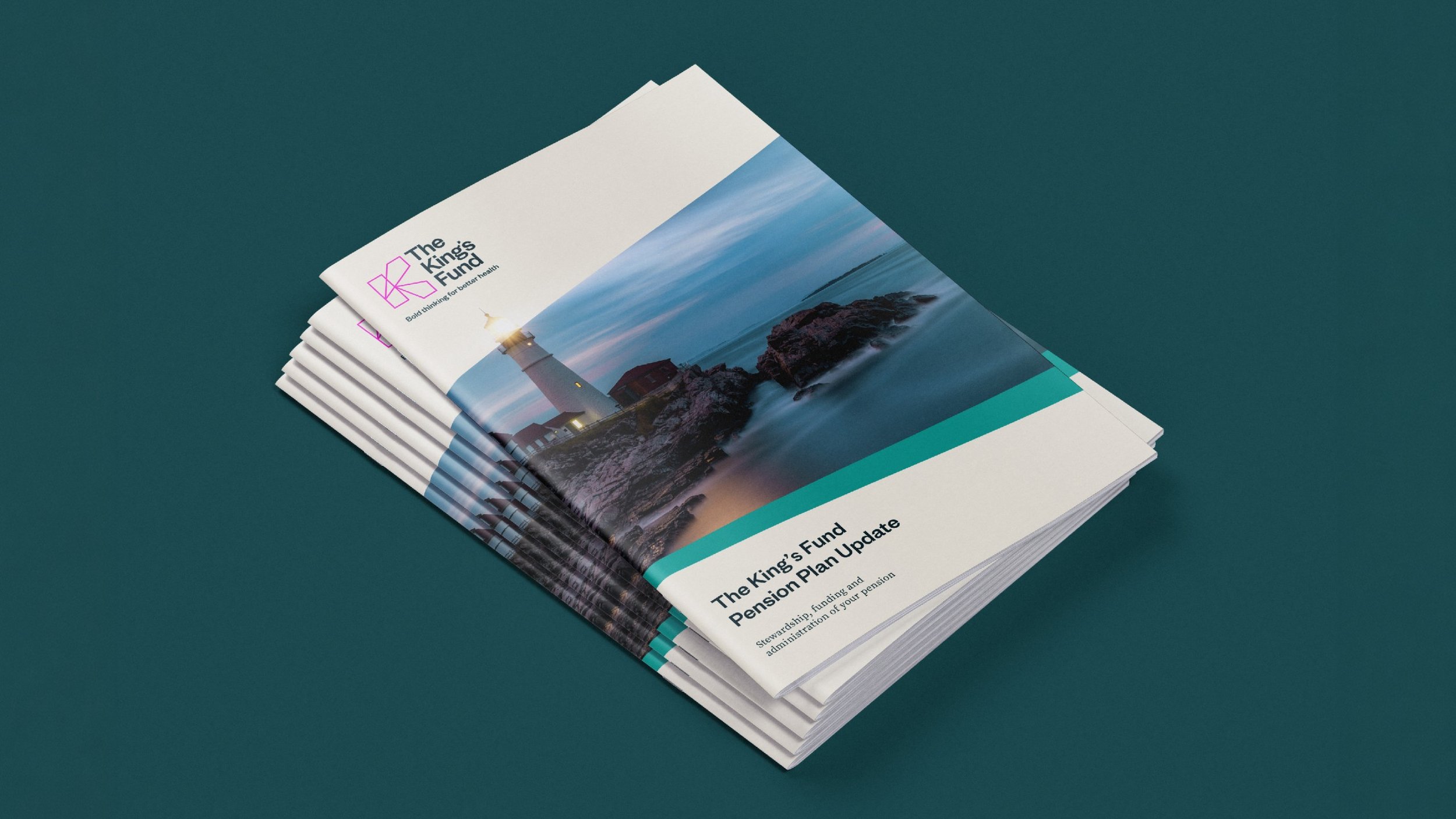 A stack of brochures with a cover photo of a lighthouse on rocky coast at sunset, titled 'The King's Fund'.