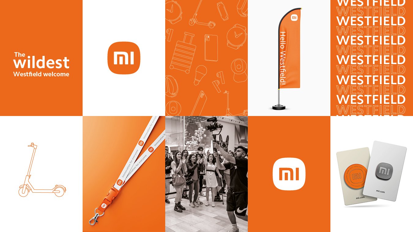 Collage of promotional images for Xiaomi, featuring the Xiaomi logo, orange themed graphics, a flag with 'Hello Westfield', a line drawing of an electric scooter, a lanyard, a group of people filming at an event, and Xiaomi branded items like tags and a badge.