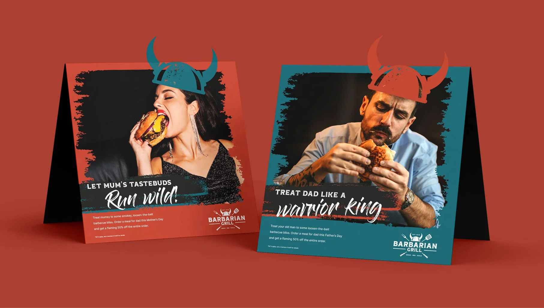 Two promotional posters for barbarian grill, each featuring a person eating a burger with horned headgear illustrations. The left poster shows a woman with dark hair in a glamorous outfit, and the right poster shows a man with a beard in a casual shirt.