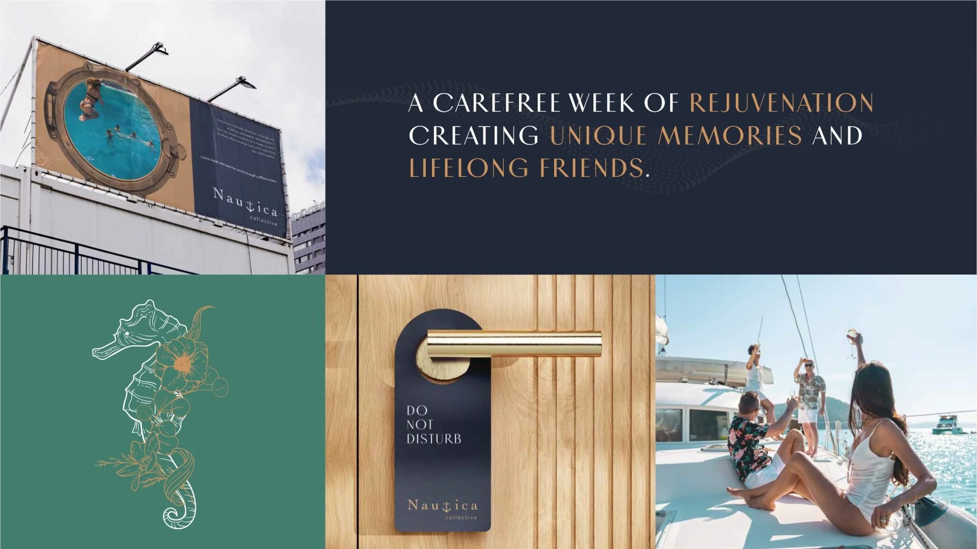 A collage of four images: a billboard showing children swimming in a pool, promotional text about a week of rejuvenation and creating memories, a floral illustration of a seahorse, and a group of people on a boat enjoying their time.