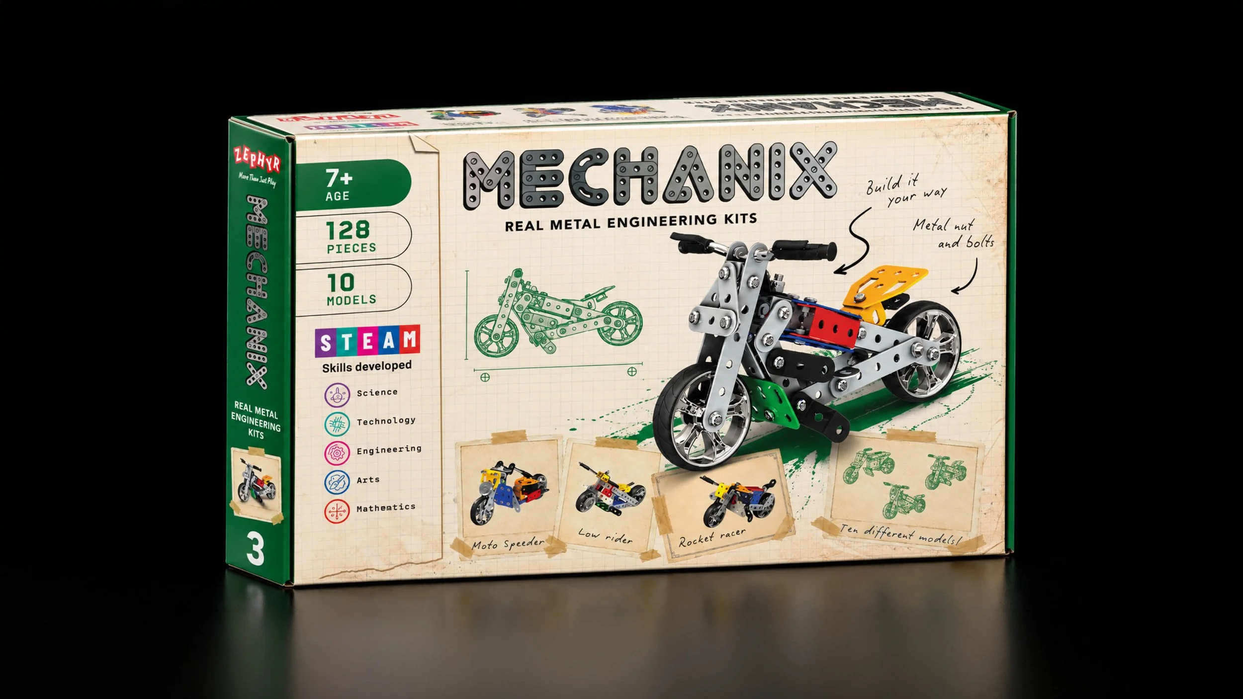 Close-up of MECHANIX packaging showing squared paper, handwritten notes and sketches of buildable models.