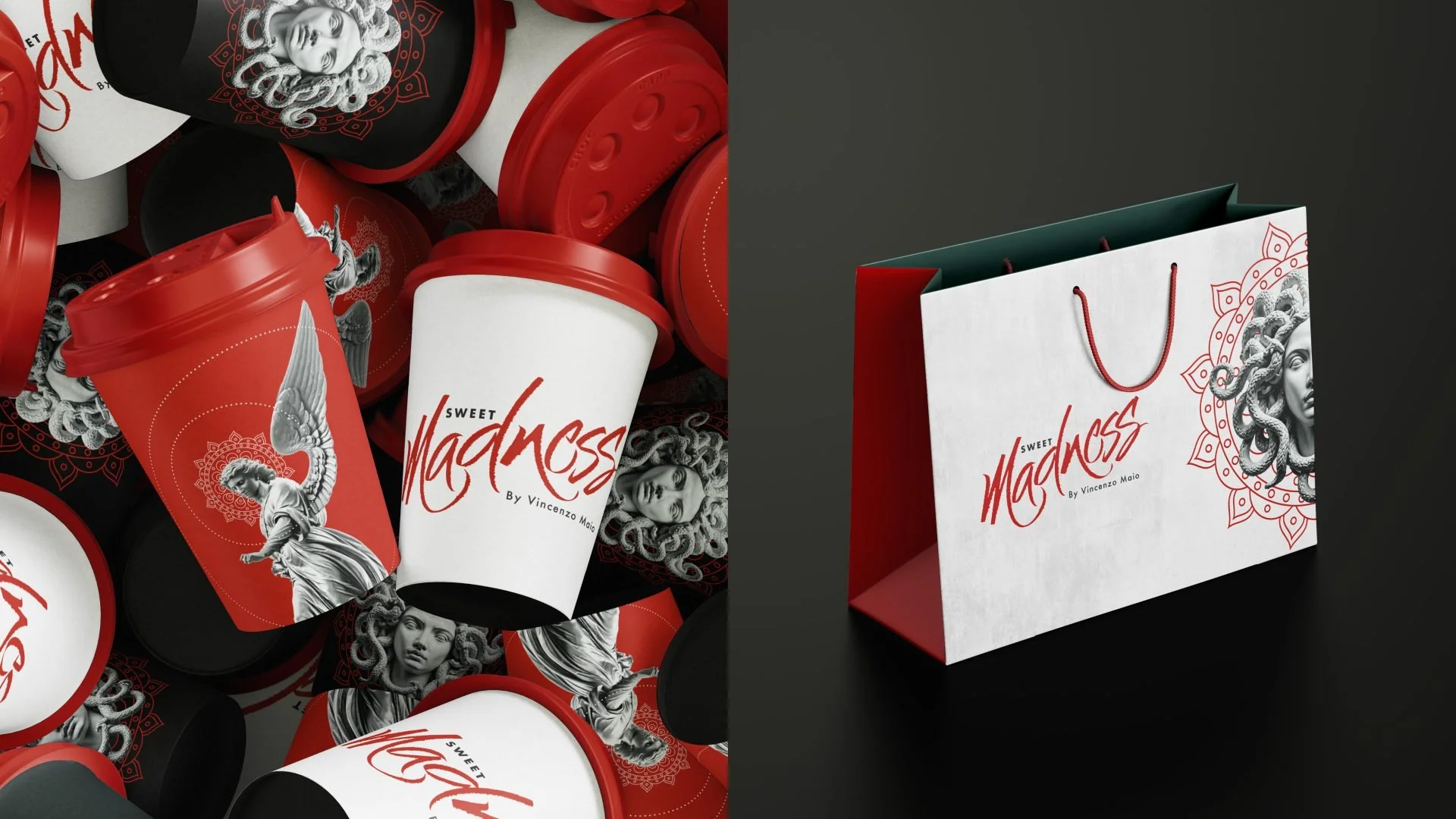 Paper cups and luxury bag printed for the Sweet Madness cake brand