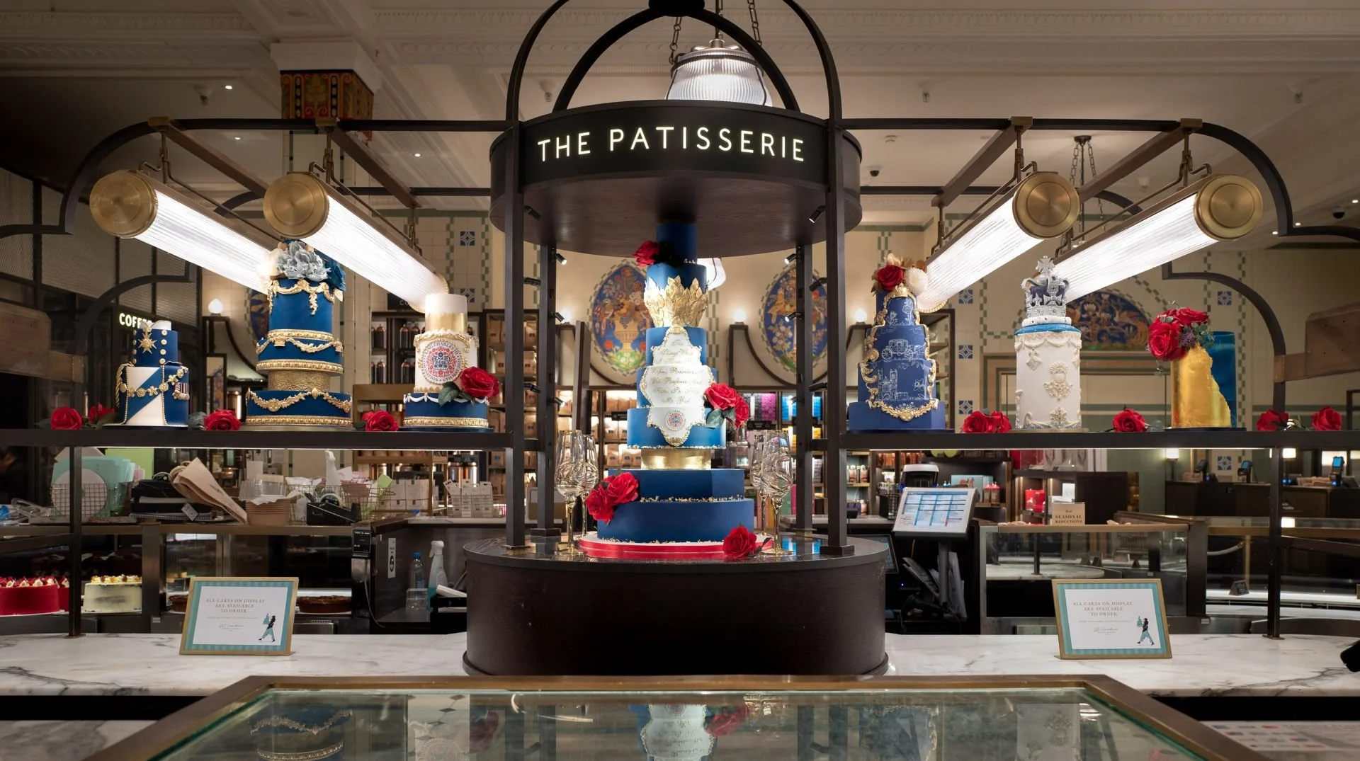Exclusive luxury King's Coronation cake collection display in Harrods, Knightsbridge
