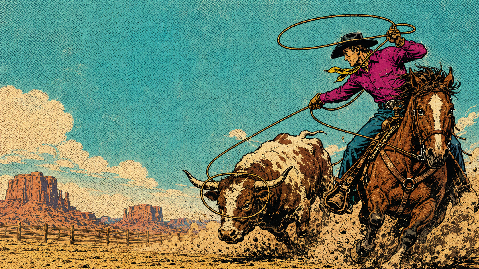 A cowboy wearing a pink shirt, black hat, and yellow bandana rides a brown horse and lasso catches a cattle in a desert landscape with rock formations and a fence in the background.