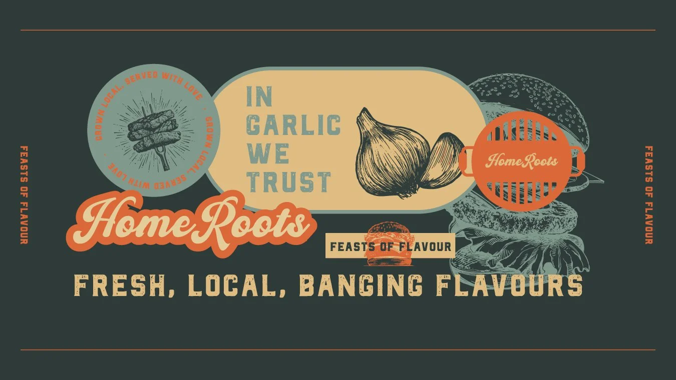 A collection of food and brand related stickers for the Home Roots brand