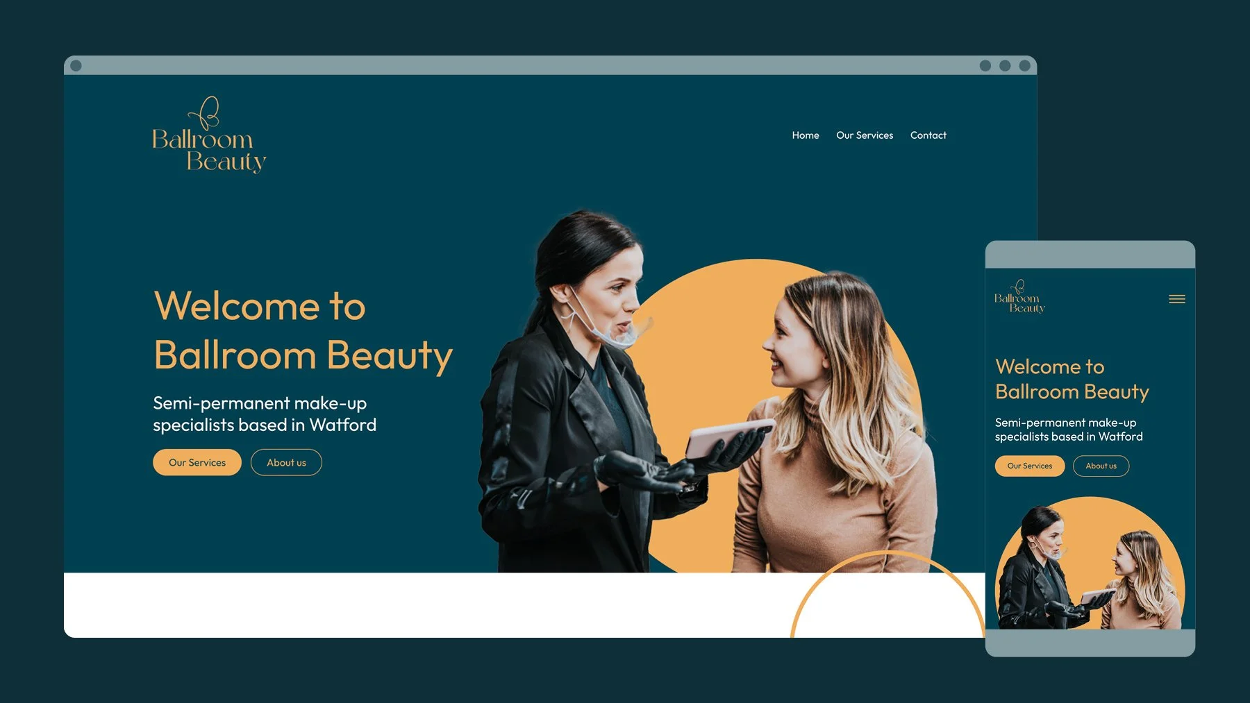 Screenshot of a beauty salon website titled 'Ballroom Beauty'. The page features an image of two women, one in black gloves and a face mask, showing a makeup demonstration to the customer. The website has navigation links to 'Home', 'Our Services', and 'Contact', with buttons labeled 'Our Services' and 'About us'.