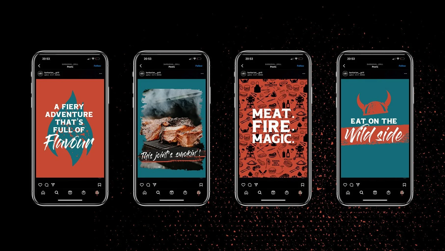 Social media example layouts created for the Barbarian Grill rebrand