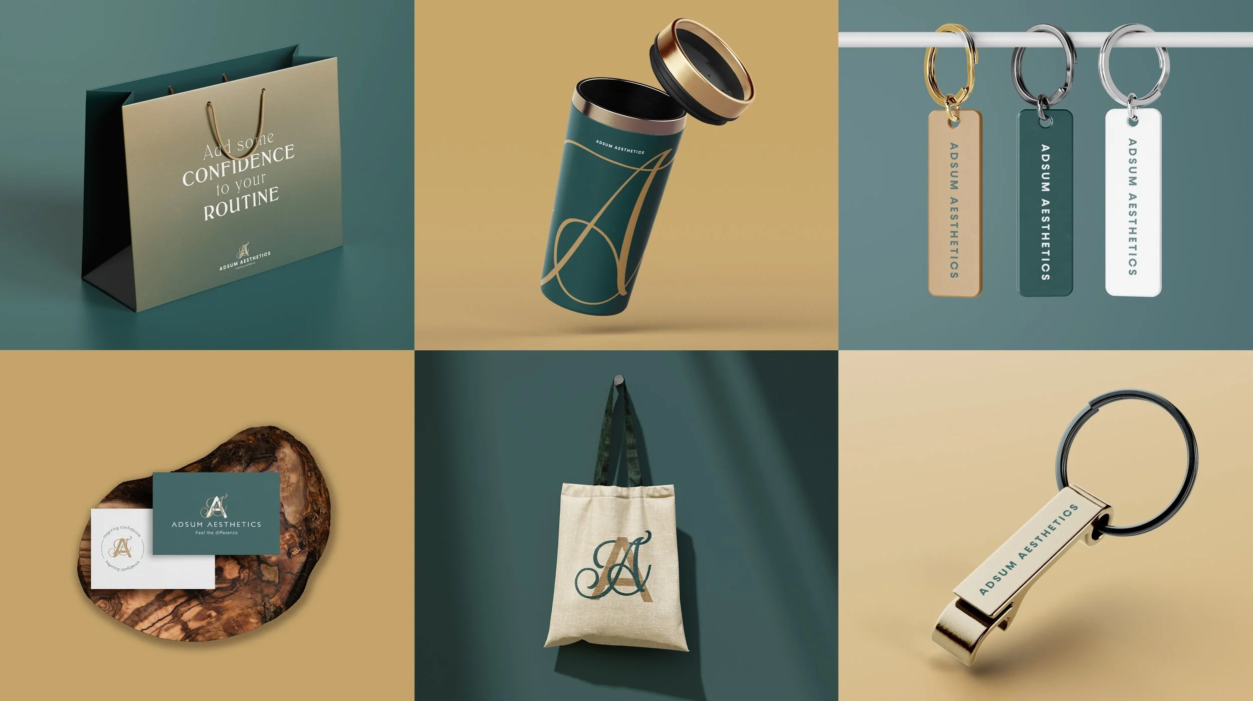 Collection of branded merchandise, bags and elements for Adsum Aesthetics by Toy Creative