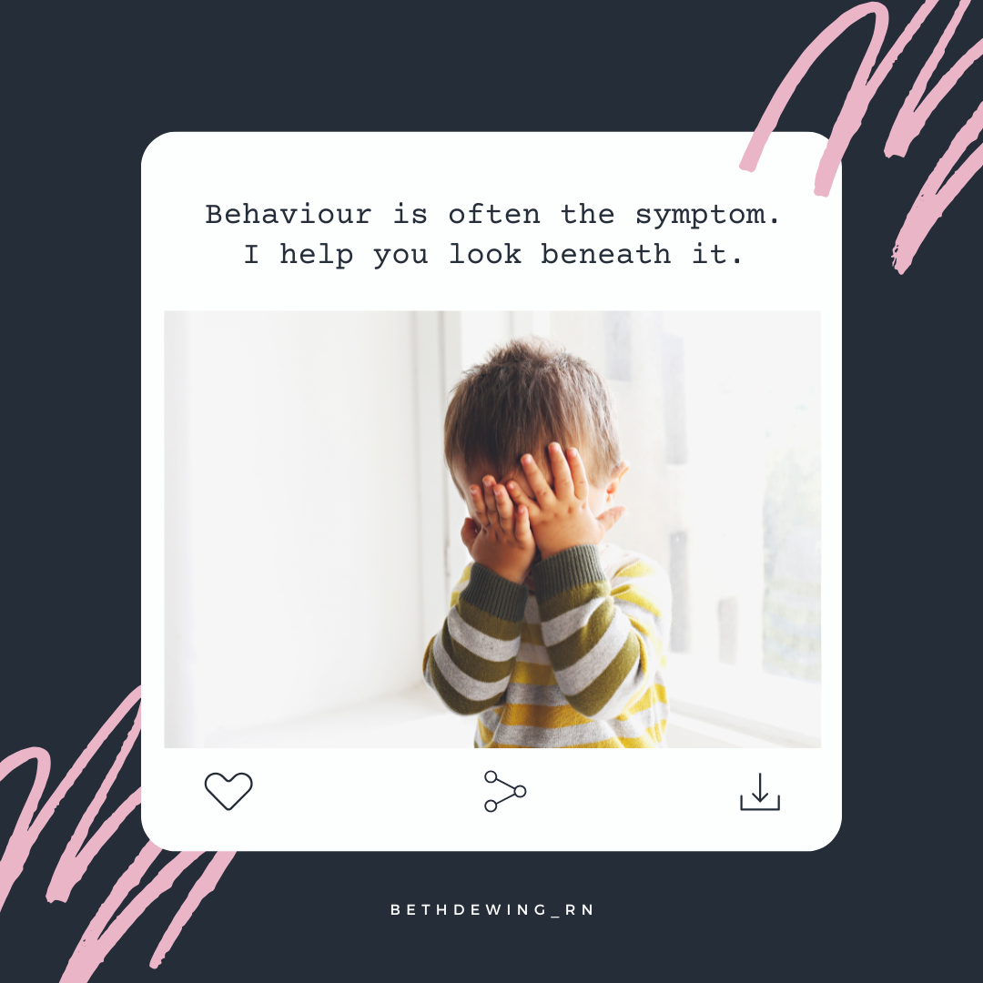 A young child covering their face with their hands while standing by a window, with text overlay about recognizing underlying issues beneath behavior.