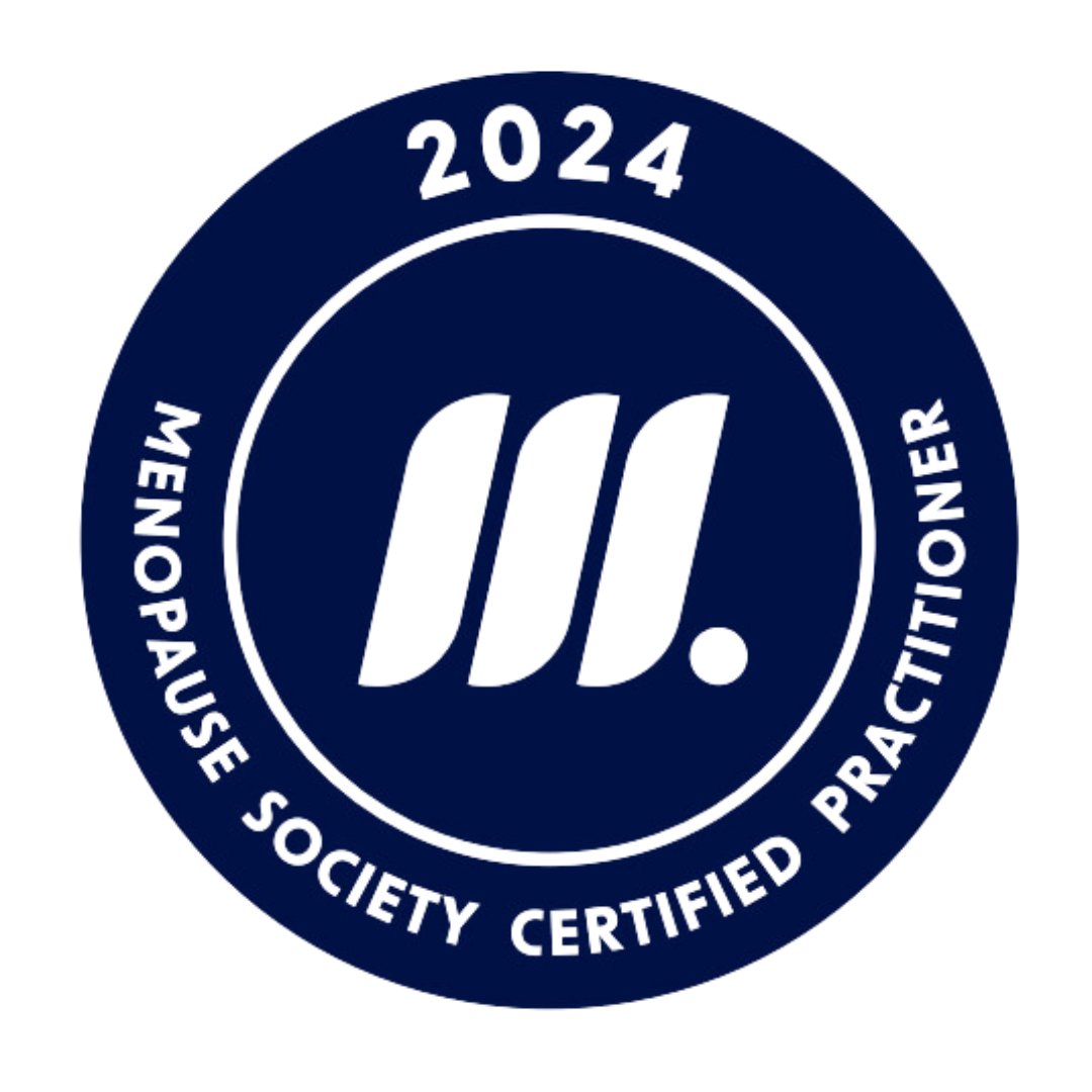 Menopause Society Certified Practitioner logo, with a dark blue circular background, a white logo in the center, and white text reading "2024 Menopause Society Certified Practitioner" around the edge.