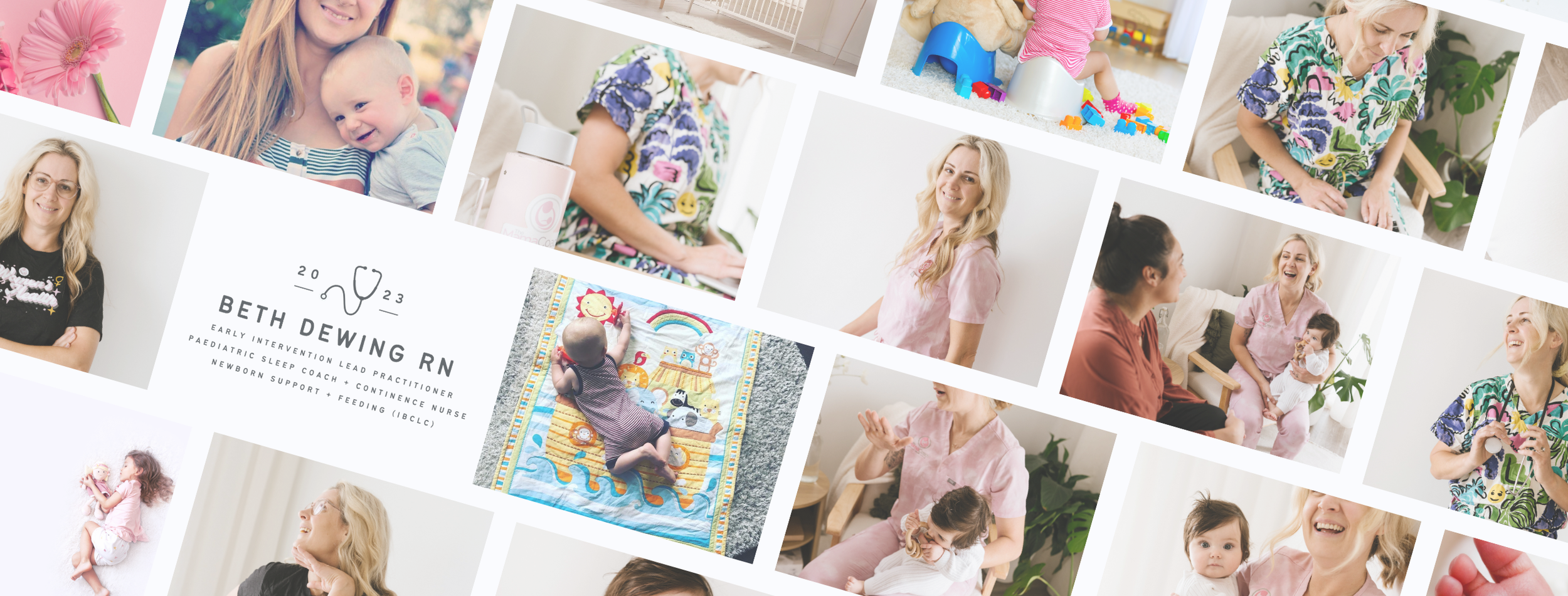 A collage of photos featuring a Beth Dewing RN in pink scrubs, children, and babies in a medical and early childhood therapy setting, along with a flyer for Beth Dewing RN, a paediatric sleep coach and lactation consultant.