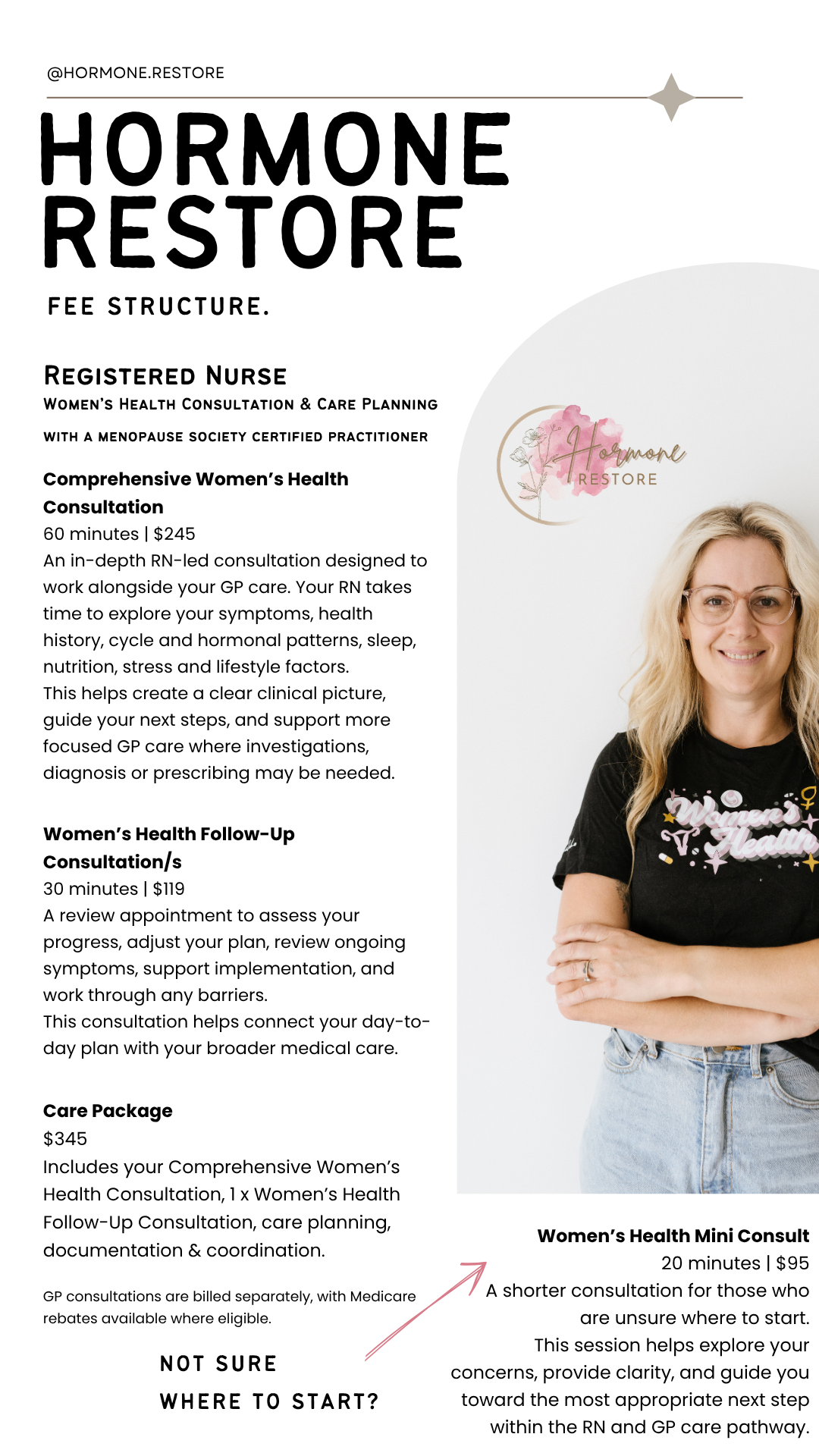 Flyer for Hormone Restore services. The flyer lists various health consultation packages and prices, with some floral design elements and the social media handle @HORMONE.RESTORE at the top.