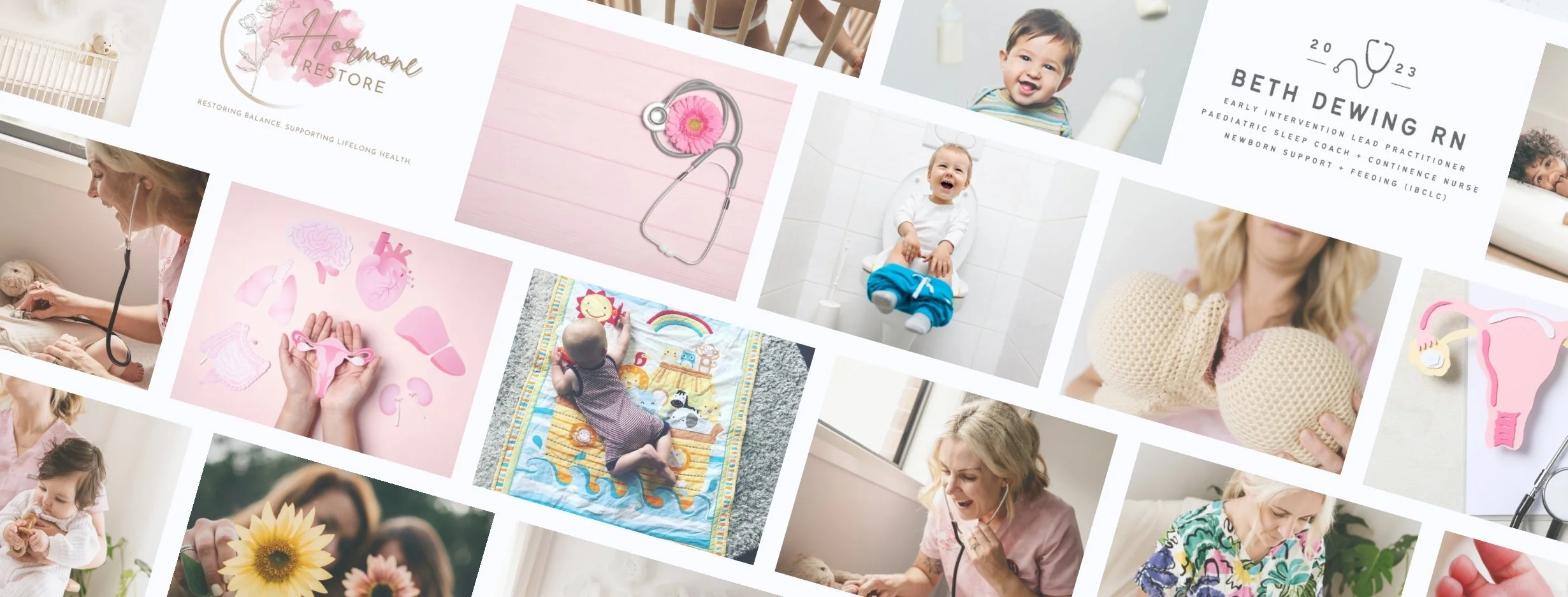 A collage of photos related to healthcare, babies, and children, including images of Beth Dewing RN, a stethoscope, a child on a potty, baby toys, and children and adults in various settings.