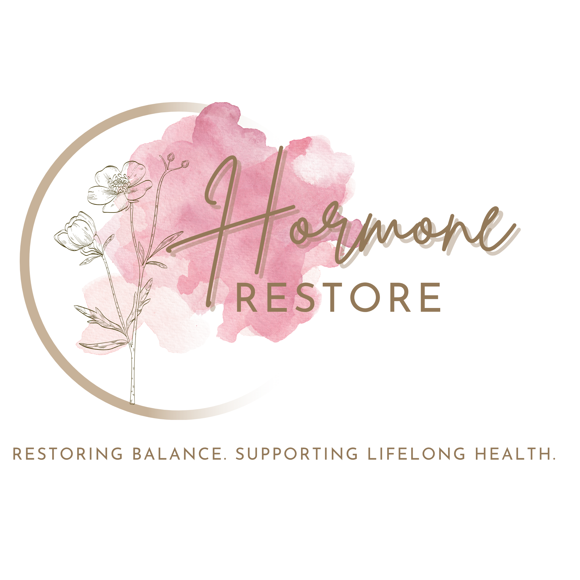 A logo with a pink watercolour splash background and floral illustrations, featuring the text 'Hormone Restore. Restoring Balance. Supporting Lifelong Health'.
