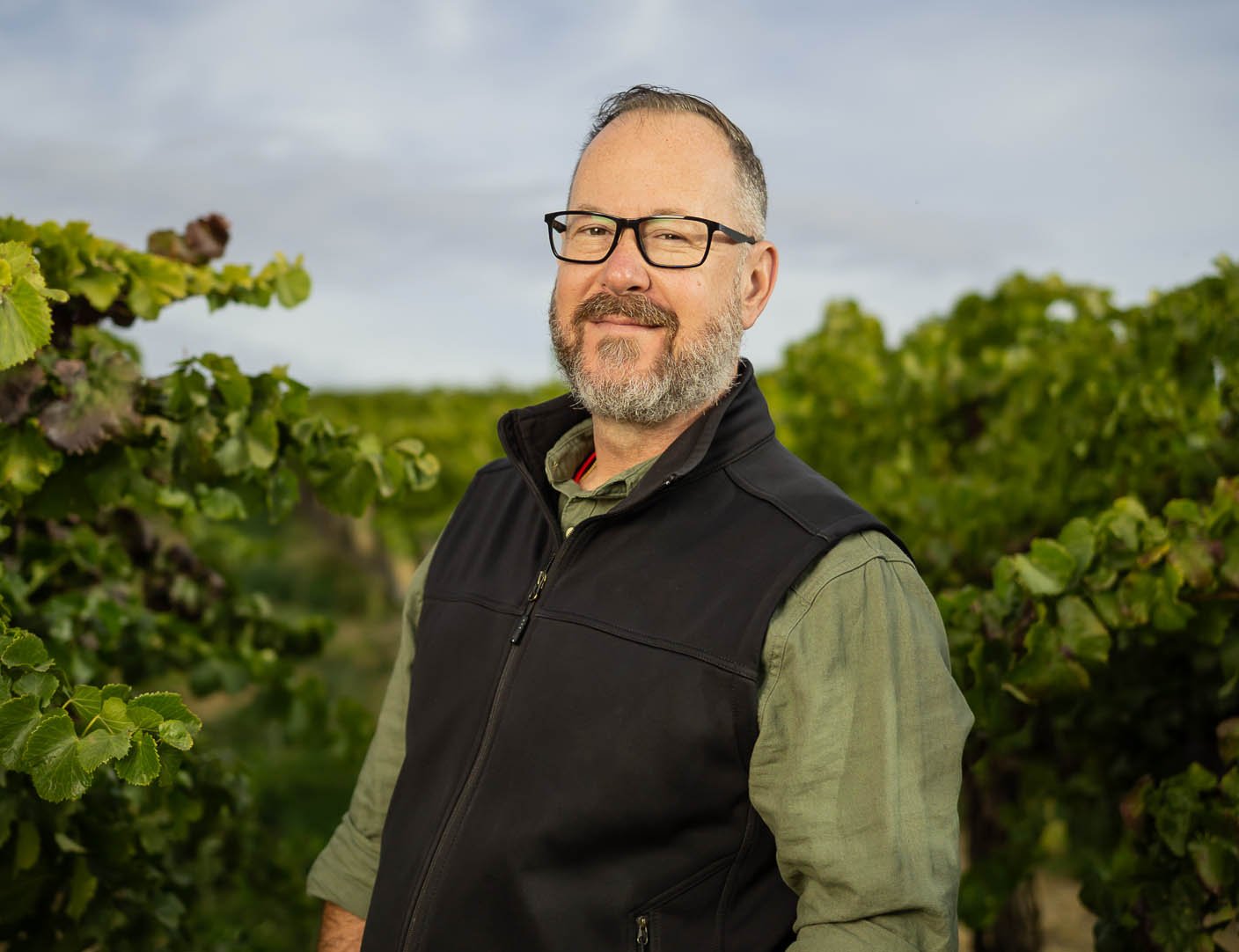 A man with glasses, a beard, and short hair standing in a vineyard with green grapevines in the background.