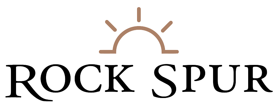 Logo with a stylized sunrise above the words 'Rock Spur' in black font.