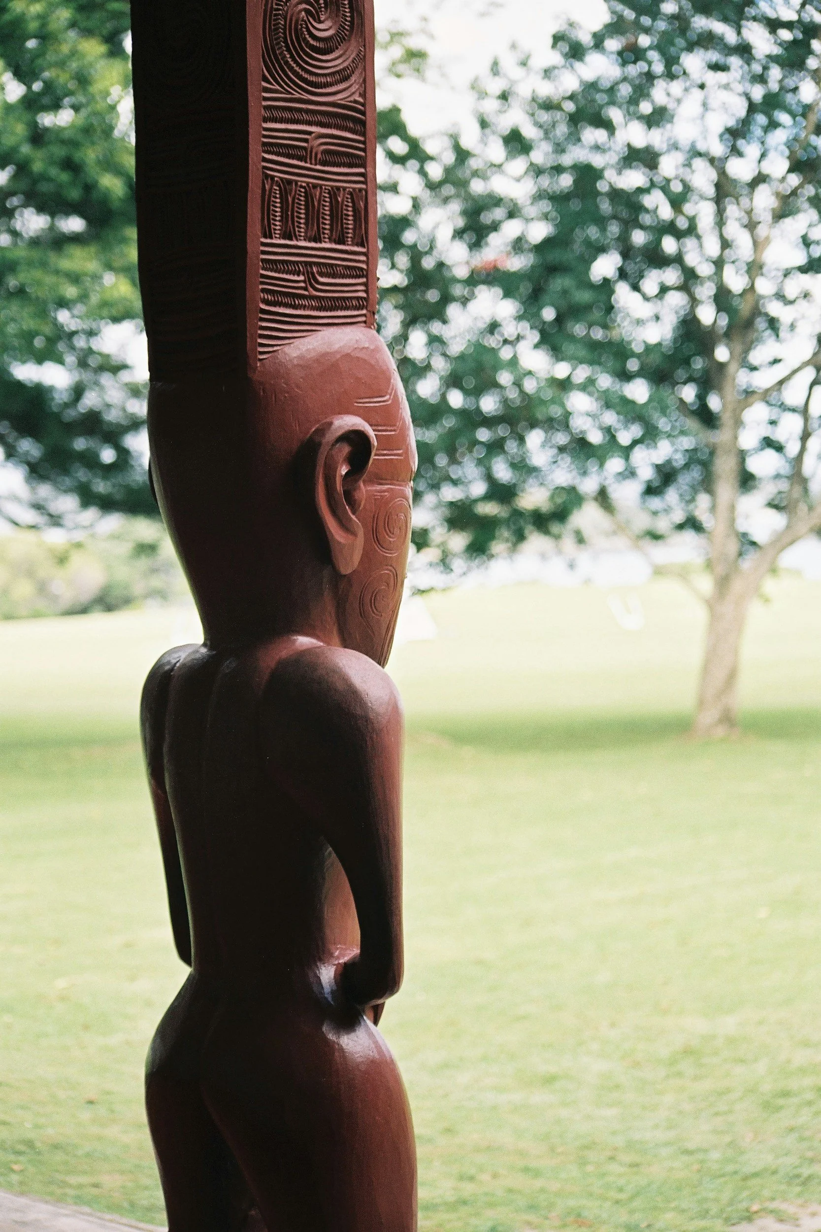 Side view of a wooden carved statue of a human figure, featuring detailed traditional patterns, with trees and a grassy area in the background.