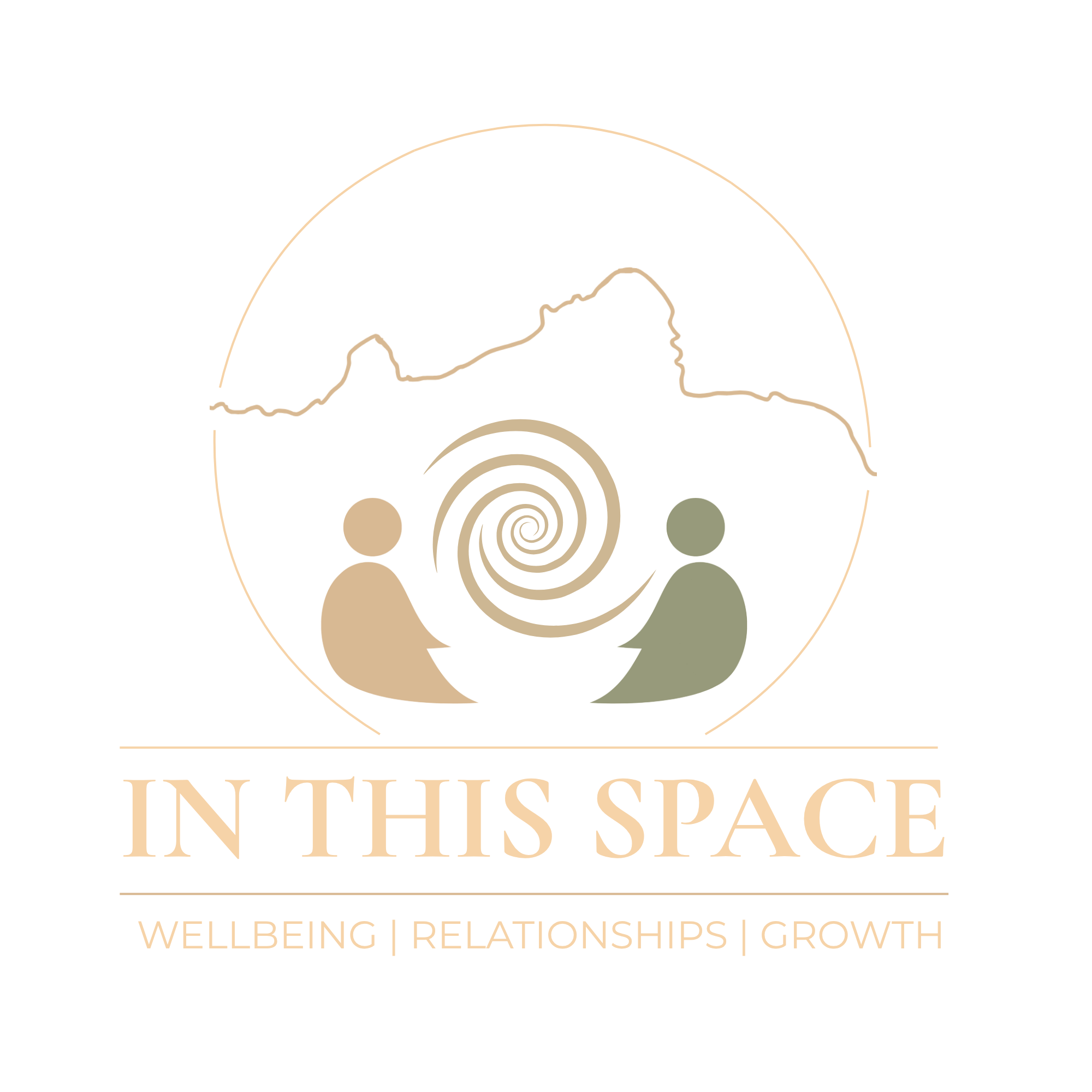Logo for 'In This Space,' featuring a stylized mountain range, spirals, and circles with the words 'WELLBEING | RELATIONSHIPS | GROWTH' underneath.