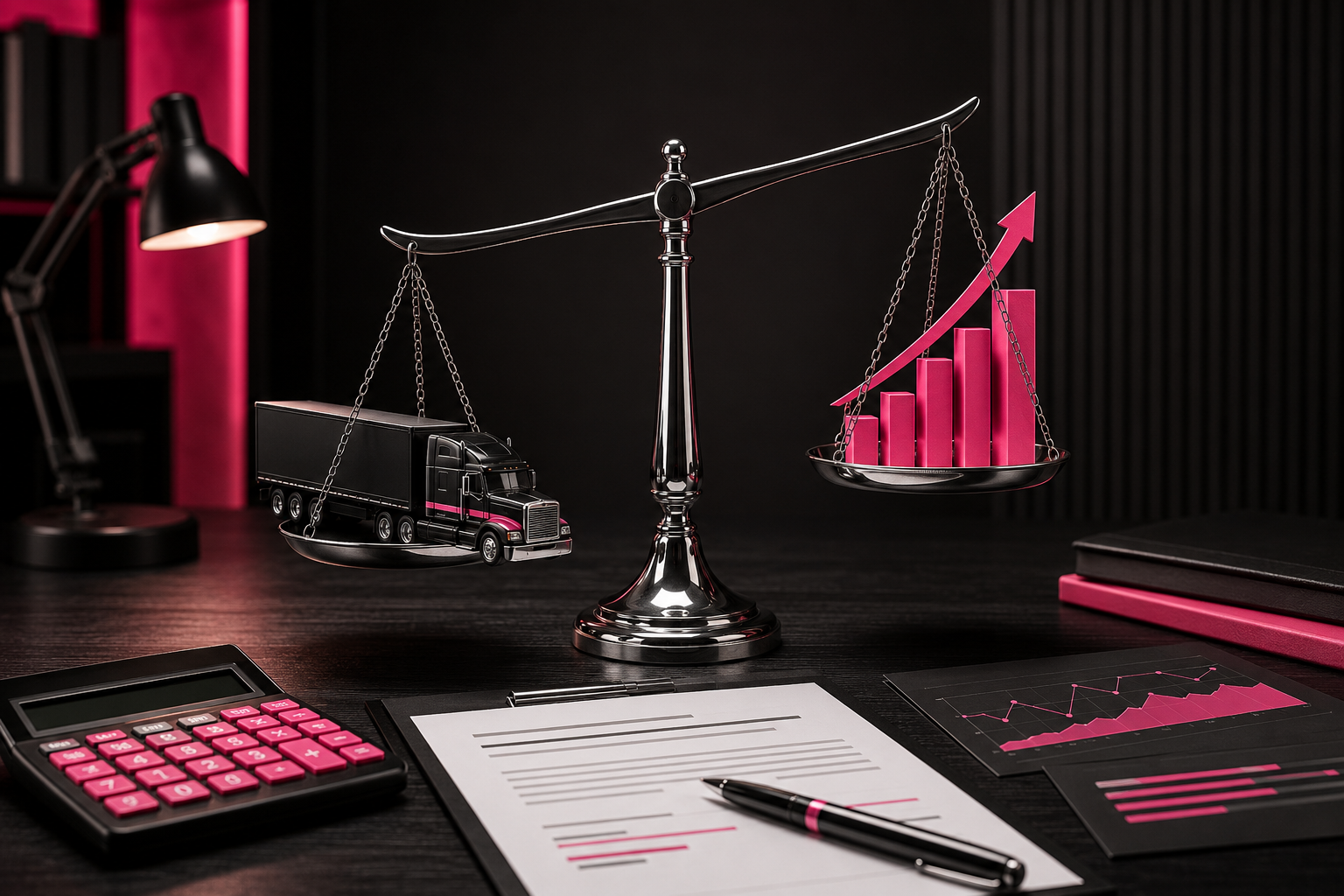 A scale with a truck on one side and a bar chart with an upward arrow on the other, representing balance between transportation and growth, on an office desk with a calculator, documents, and a pen.