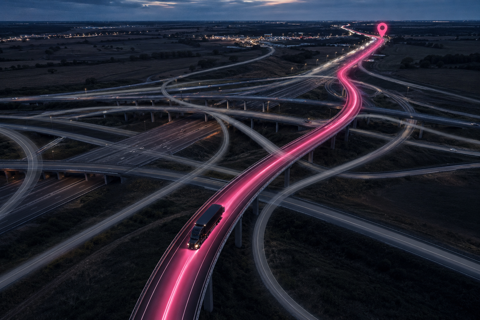 A long exposure photograph of an aerial view of a highway interchange at dusk, featuring a truck on a brightly lit pink road with multiple intersecting roads and overpasses.