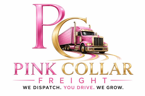 Pink and gold logo for Pink Collar Freight featuring a pink semi-truck and the company name, with the slogan 'We Dispatch. You Drive. We Grow.'