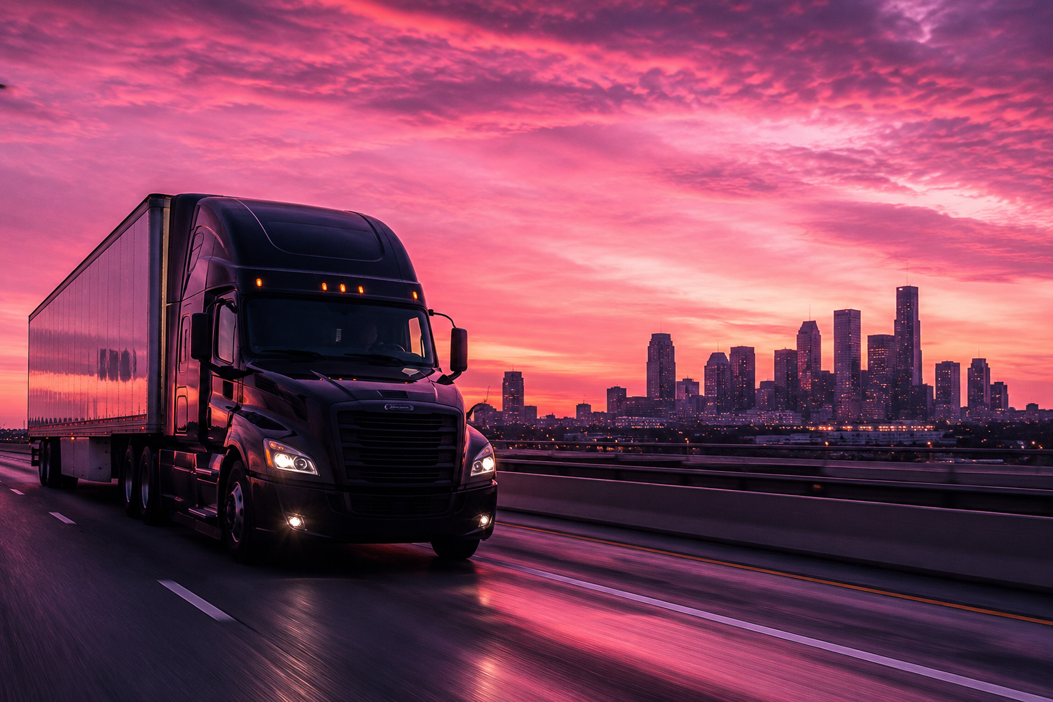 Black semi-truck driving on a highway at sunset with a city skyline in the background.