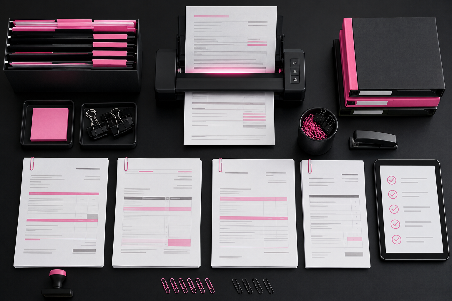 Black desk with pink and black office supplies, including a printer printing documents, stack of pink and black files, several sheets of paper with pink highlights, pink and black paper clips, a tablet with checkmarks, and various office tools.