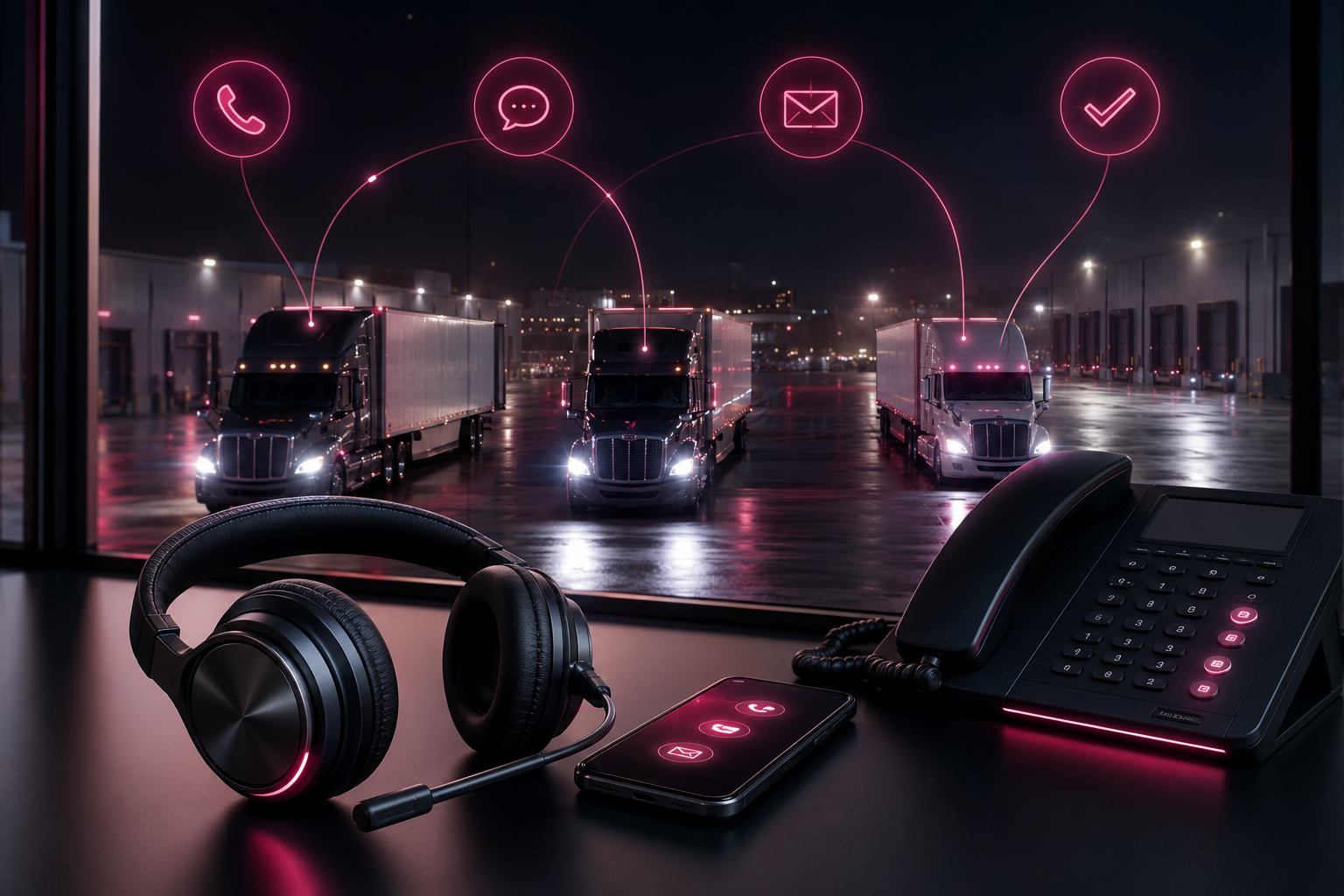Nighttime view of a control room with a large window overlooking trucks outside, digital icons of a phone, chat, email, and checkmark are projected into the night sky, along with a headset, smartphone, and office phone on the desk.
