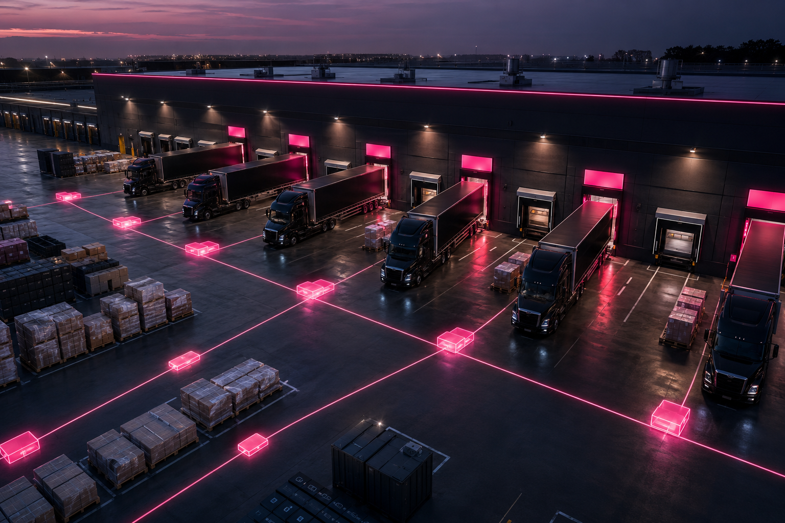 A warehouse loading dock with black trucks parked under illuminated pink scheduled delivery bays, connected by digital pink lines, with pallets of goods stacked nearby, reflecting a futuristic logistics system at dusk.