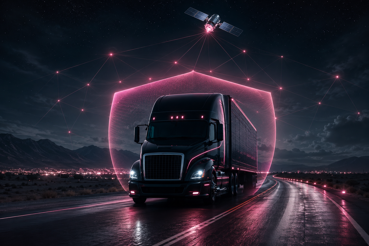 A futuristic black semi-truck on a wet road at night, with neon pink digital effects forming a shield around it and a satellite in outer space above.