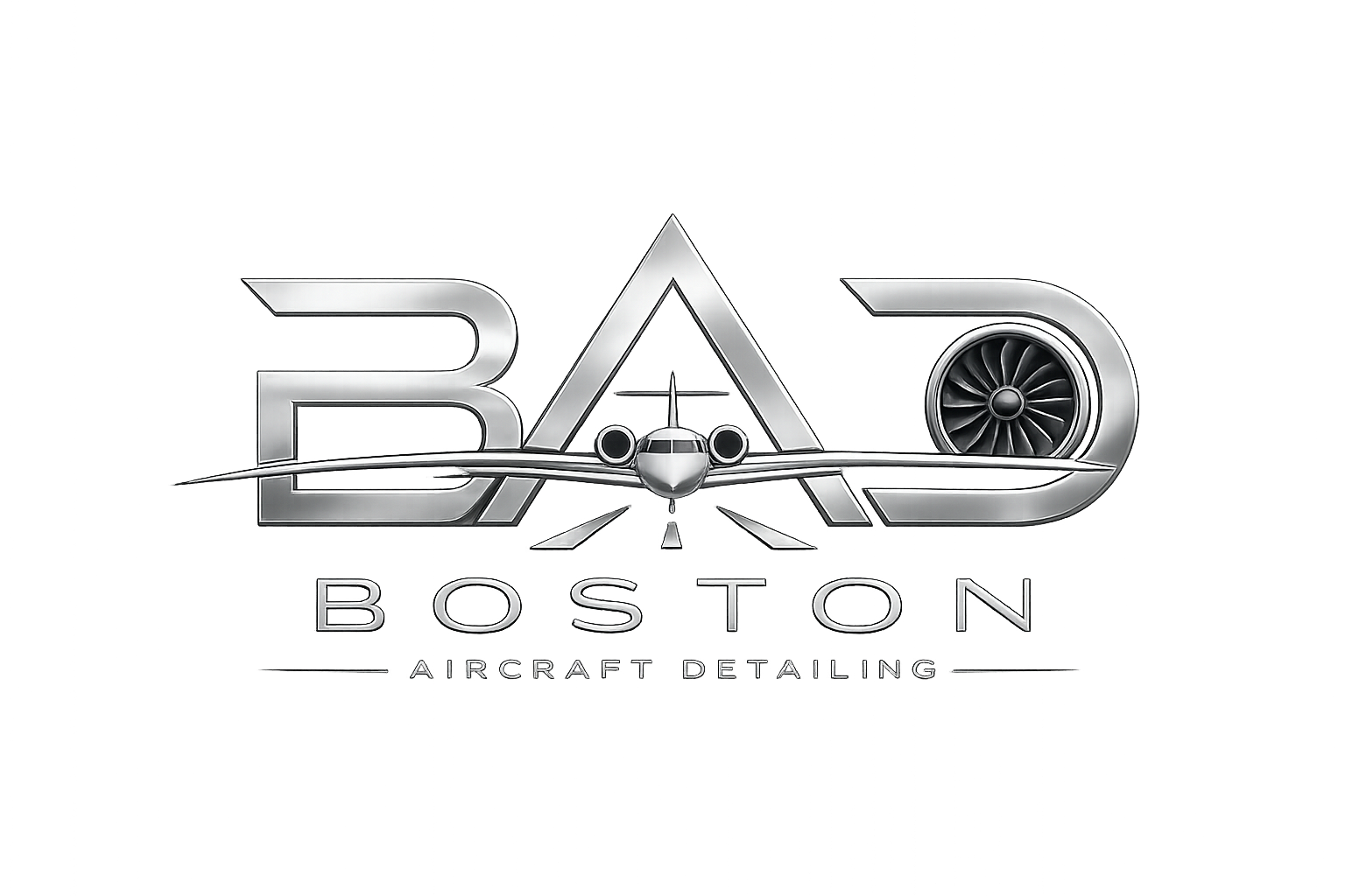 Logo for Boston Aircraft Detailing featuring a stylized aircraft and engine, with the text 'B~A~D' in metallic silver and 'BOSTON Aircraft Detailing' underneath.