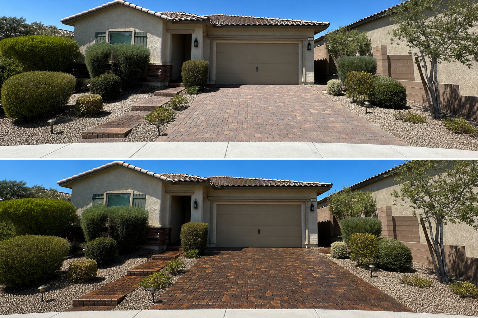 Comparison of house driveways before and after cleaning, showing a clean, light-colored brick driveway above and a darker, dirtier one below.