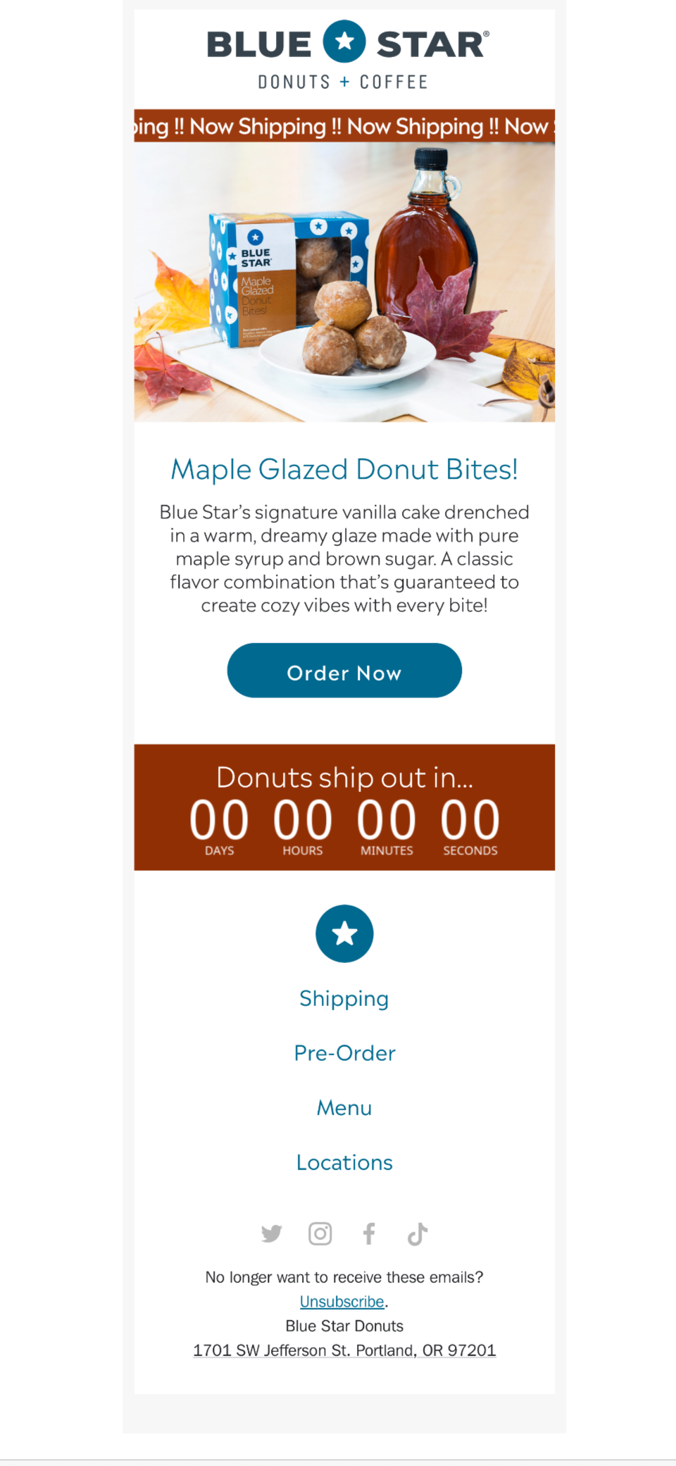 An advertisement for Blue Star Donuts and Coffee featuring maple glazed donut bites, a box of donuts, a bottle of syrup, fall leaves, and a promotional message with shipping countdown and links to ordering, pre-ordering, menu, and locations.