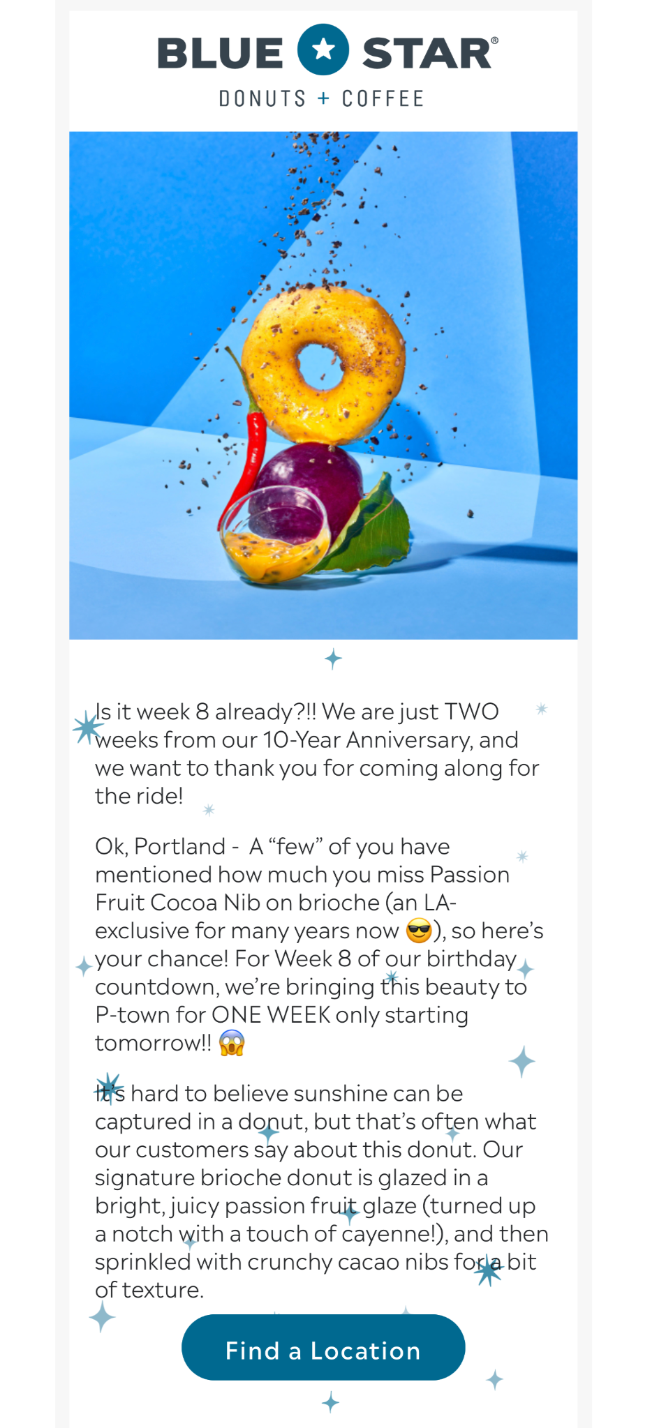 Promotional email from Blue Star Donuts and Coffee celebrating a two-week countdown to their 10-year anniversary, featuring an image of a glazed donut with a chili pepper, purple passion fruit, and cacao nibs on a blue background.