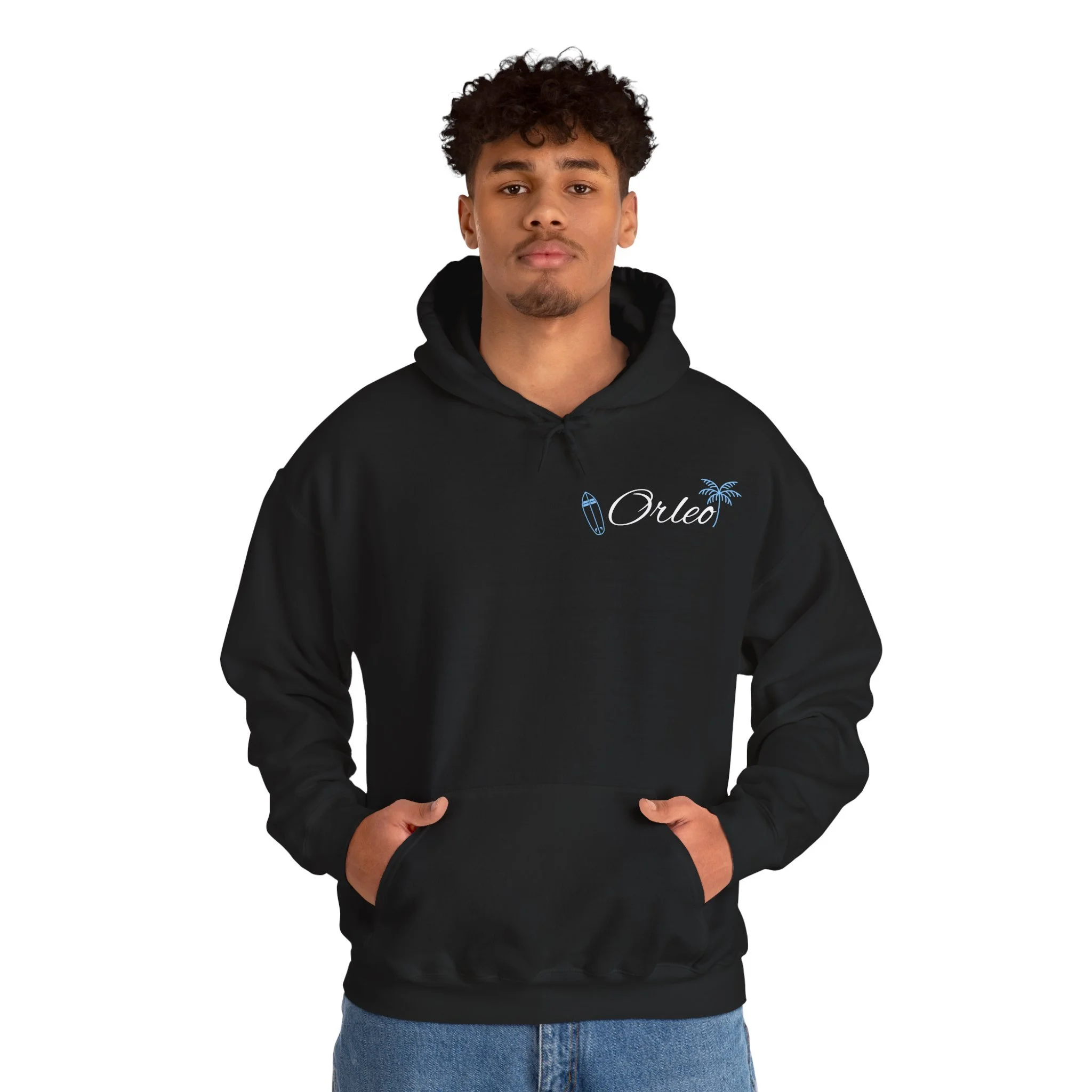 Surf Orleo Hoodie – Light Blue Palm Tree & Surfboard Graphic