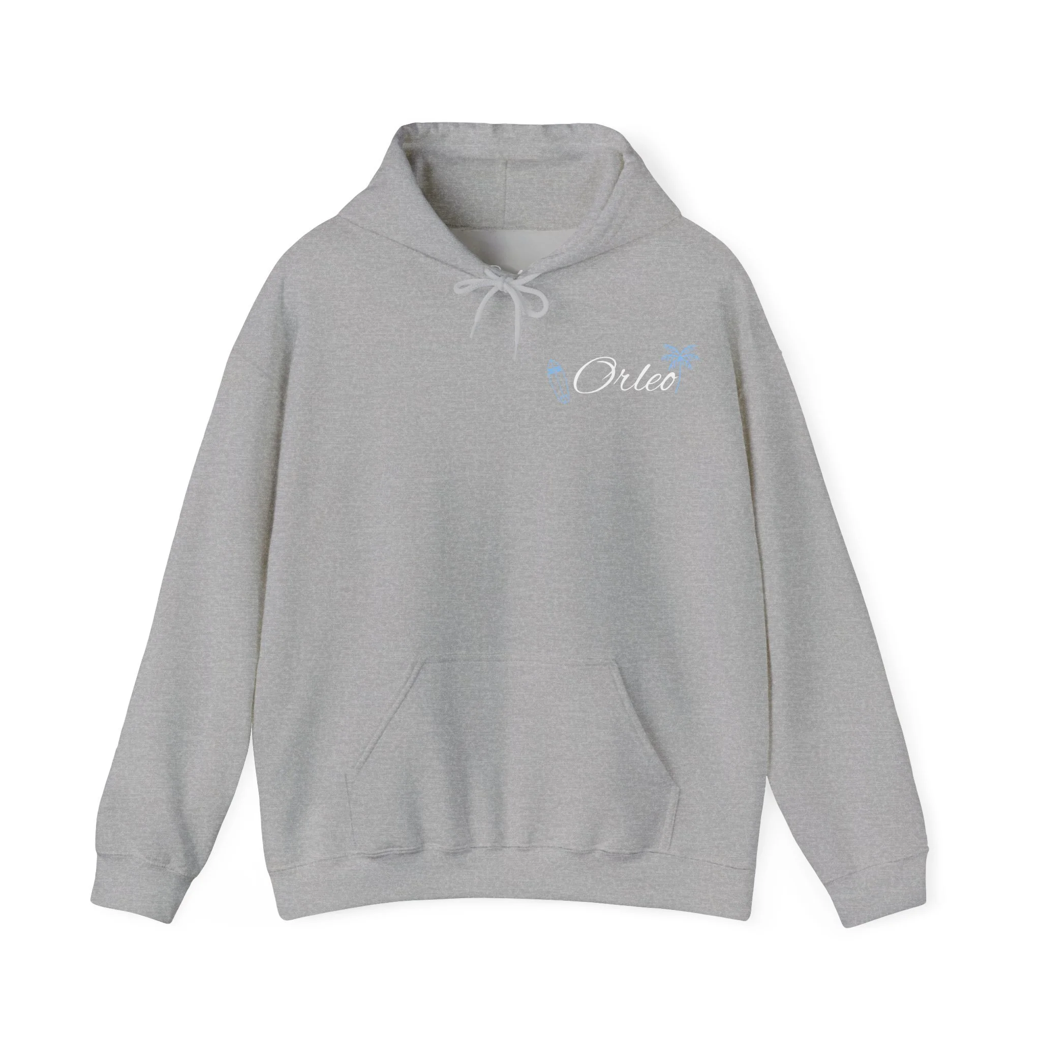 Surf Orleo Hoodie – Light Blue Palm Tree & Surfboard Graphic