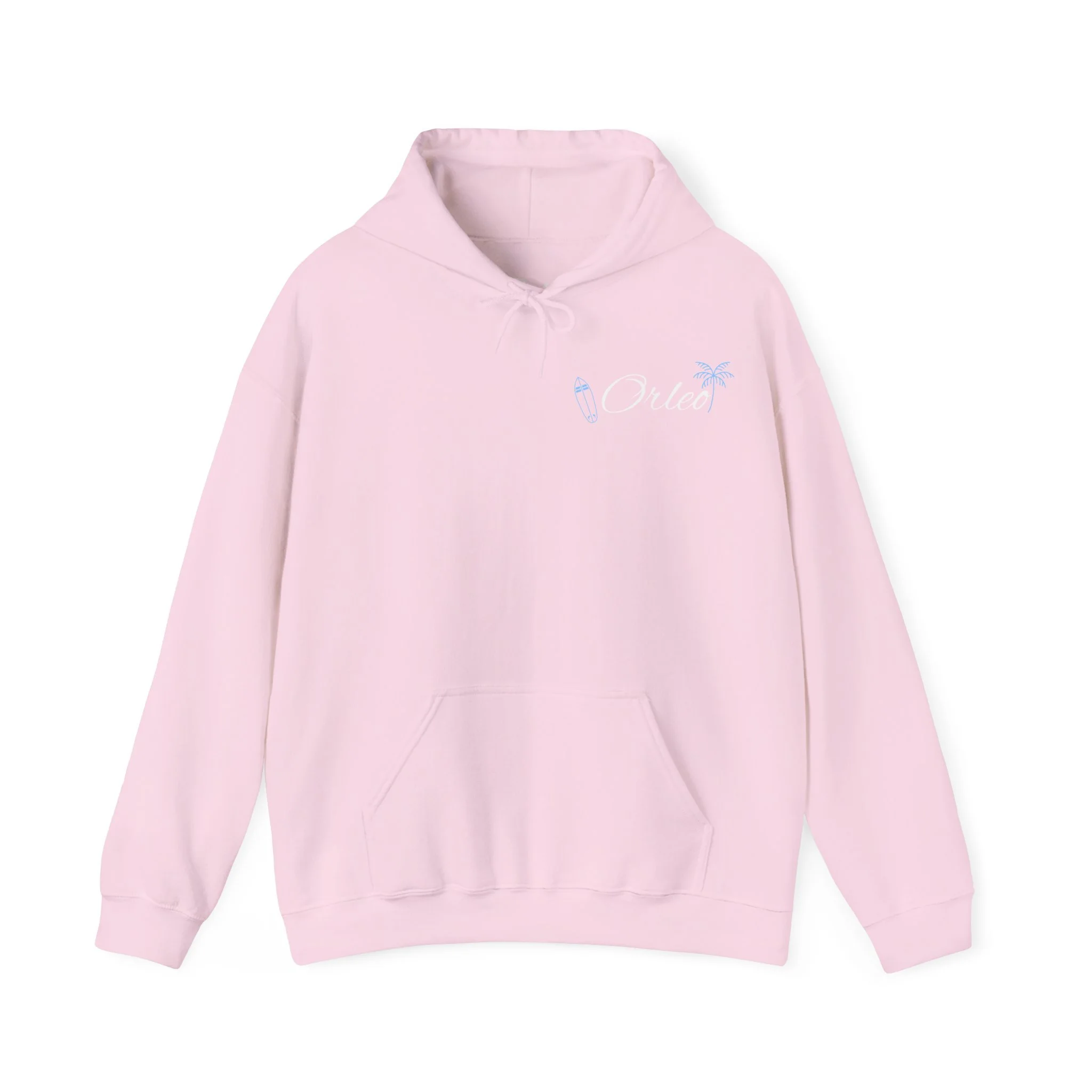 Surf Orleo Hoodie – Light Blue Palm Tree & Surfboard Graphic