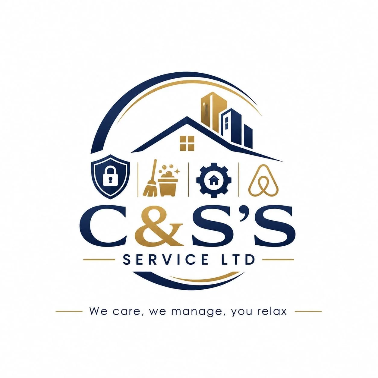 Logo for C&S Service LTD featuring a house, high-rise buildings, a shield with a lock, cleaning tools, a gear with a house, and an Airbnb icon. Tagline reads 'We care, we manage, you relax.'