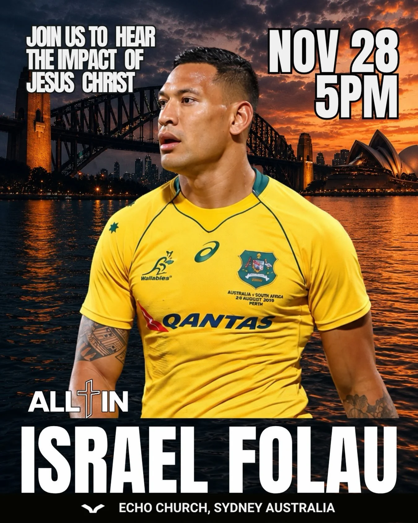 ISRAEL FOLAU IS ALL IN 

A former dual international, Izzy has played on some of the biggest stages in a the world. But on November 28, Izzy isn&rsquo;t coming to Sydney to talk about what he achieved on the field.

He&rsquo;s coming to talk about Je
