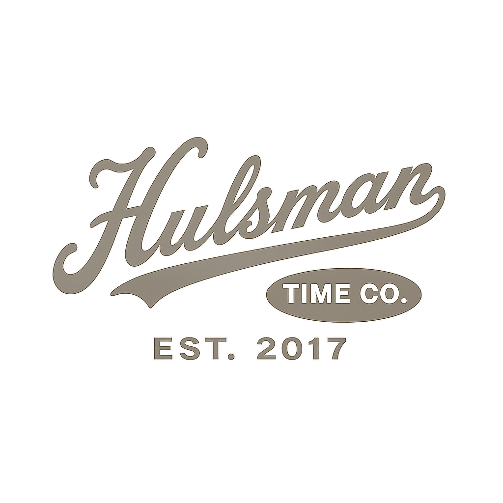 Logo with the text "Hulsman Time Co. Est. 2017" in a stylized font, on a black background.