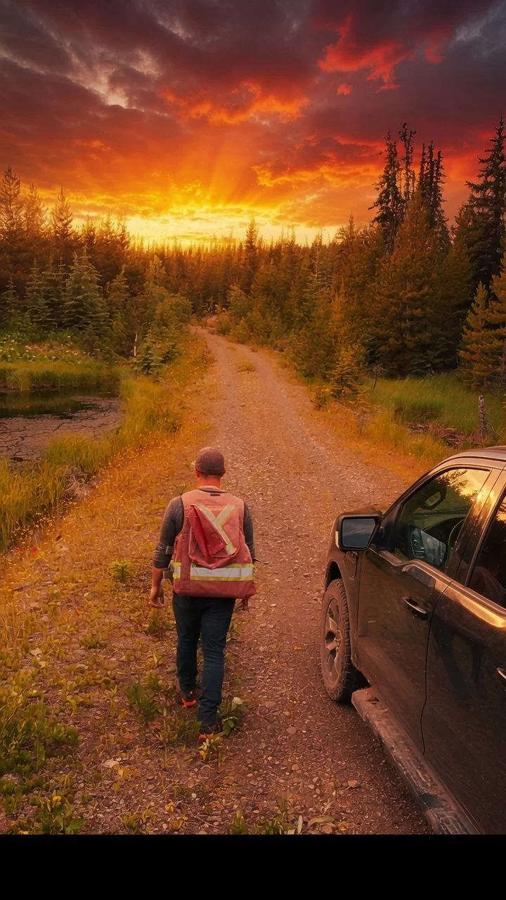A man with a backpack walking on a dirt trail beside a black truck during a vibrant sunset in a forest with tall pine trees and a small body of water on the side.