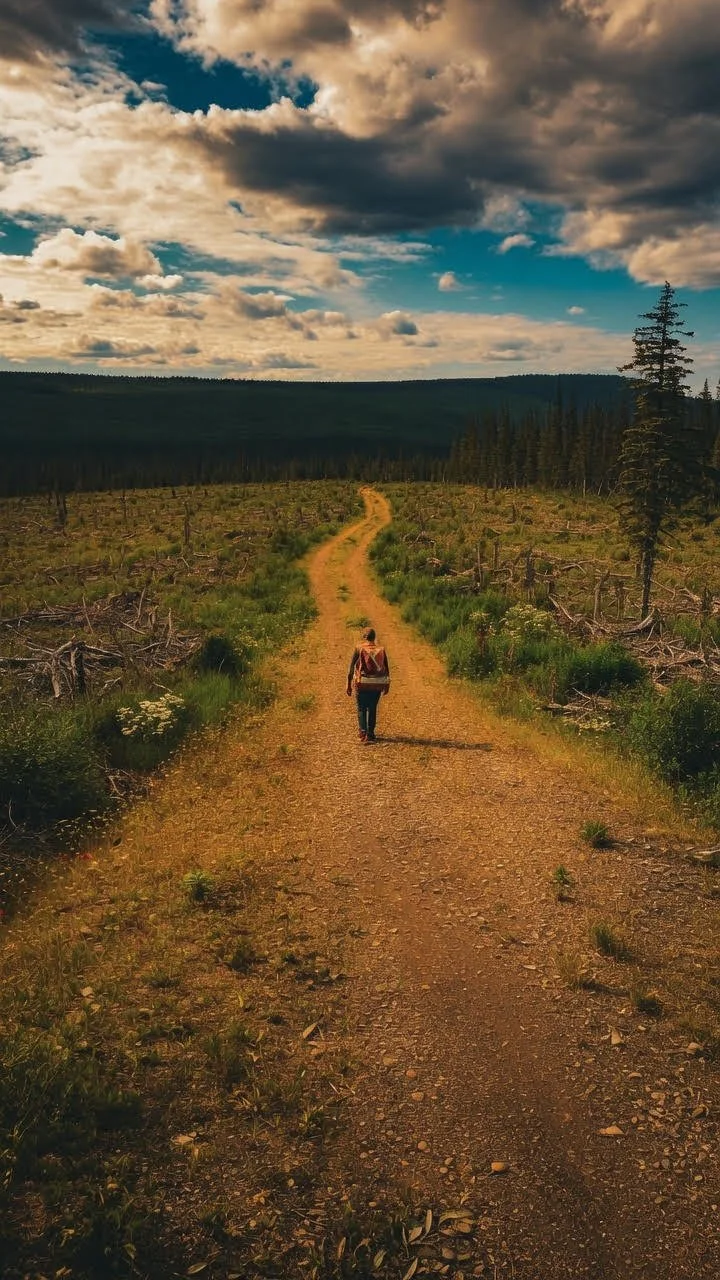 A person walking on a dirt trail through a forested area under a cloudy sky.