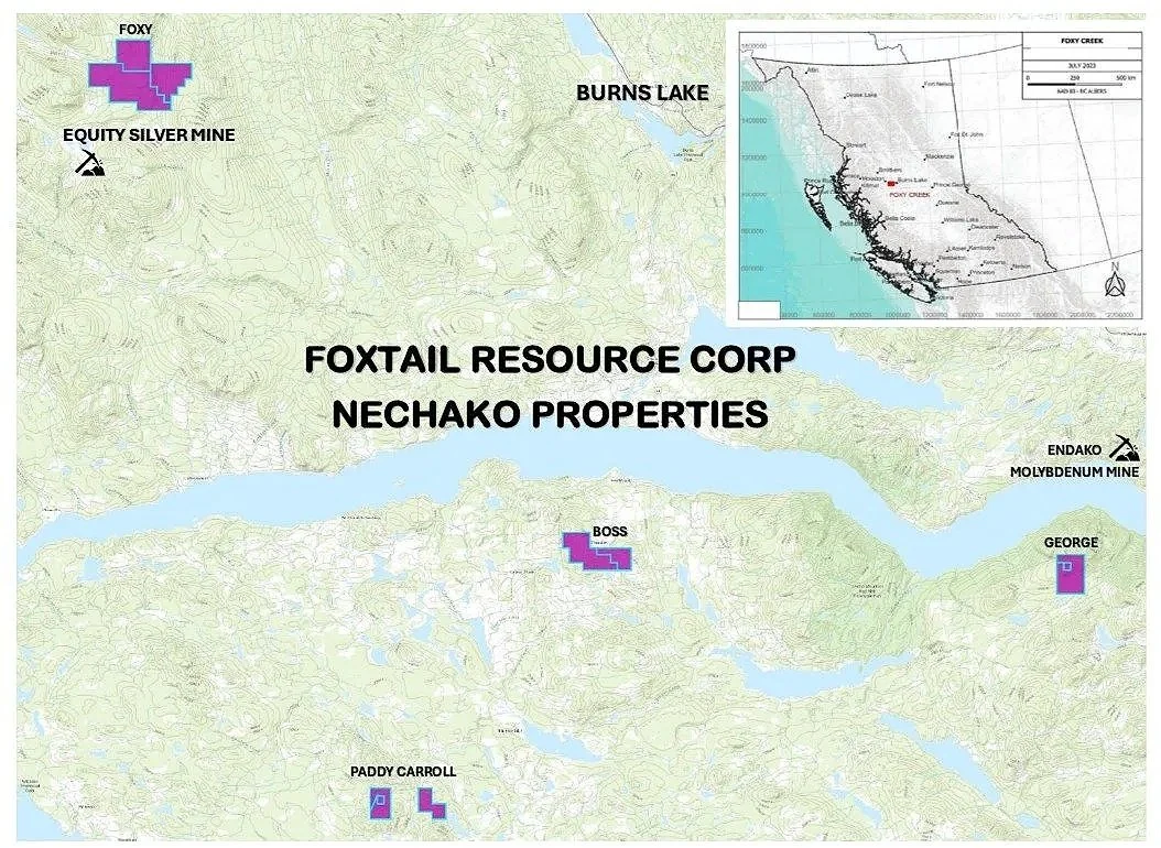 Map showing the locations of Foxtail Resource Corp and Nechako Properties, including Power Creek, Burns Lake, Endako, Molybdenum Mine, George, Paddy Carroll, Boss, and surrounding geographical features, with an inset map of the region.