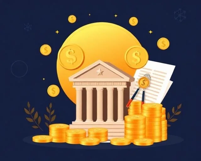 Illustration of a bank building surrounded by gold coins and dollar symbols, with a document and pens nearby, and a large yellow sun in the background.