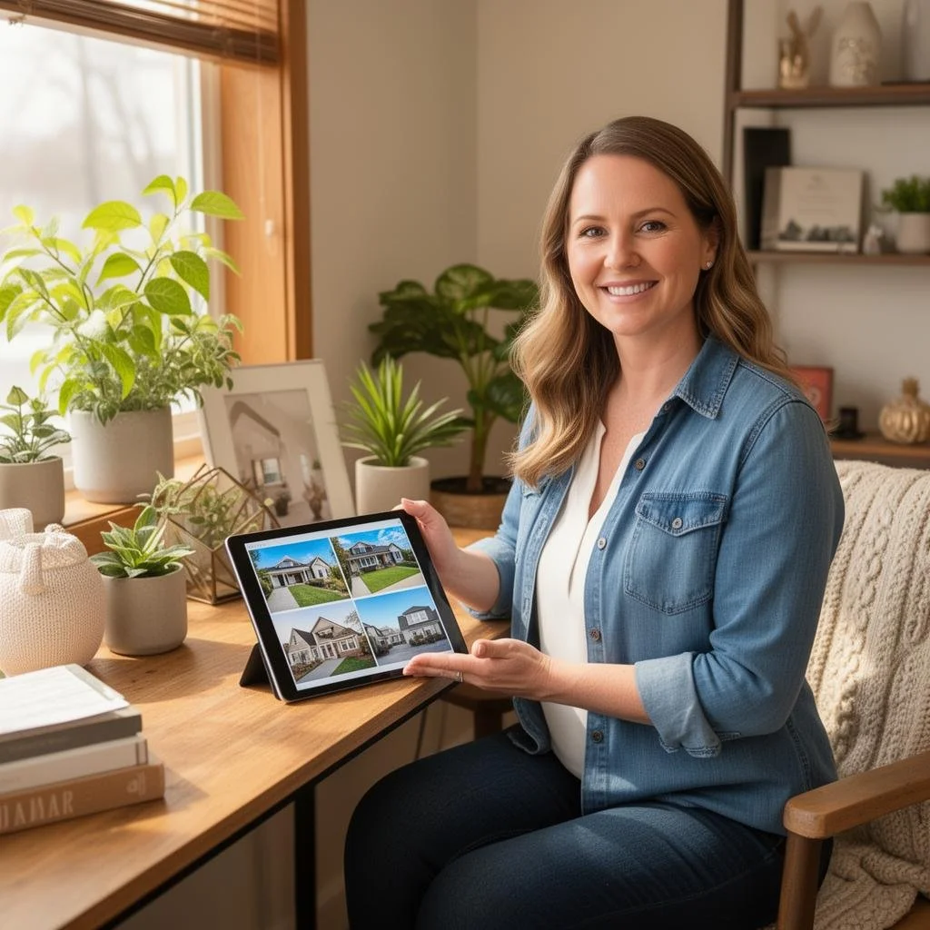 A woman in a denim shirt sitting at a wooden desk showing a tablet with pictures of houses, surrounded by indoor plants, in a cozy home office.