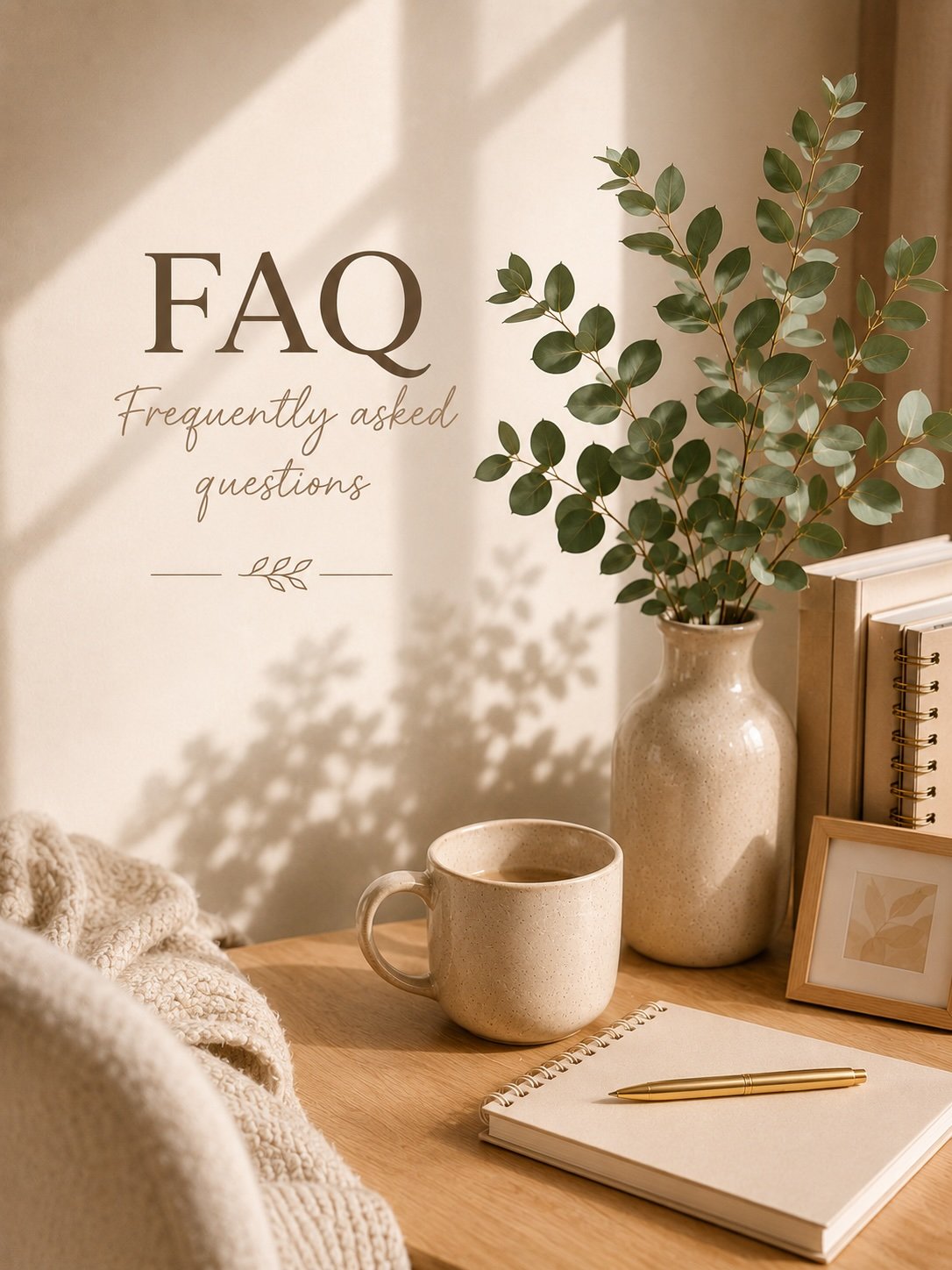 A FAQ sign on a wall with the words "Frequently asked questions," a beige ceramic mug, a spiral notebook with a gold pen, a large beige vase with eucalyptus branches, some books, and a small framed picture on a wooden desk.