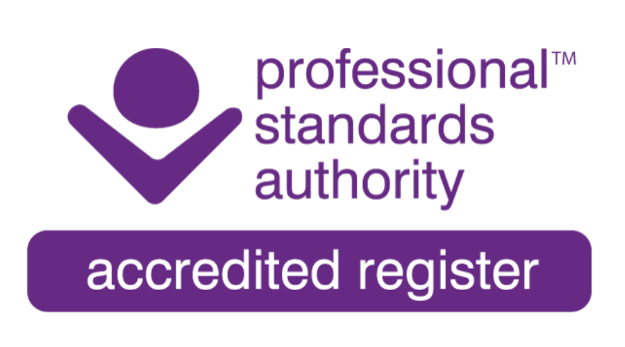 Logo of the Professional Standards Authority with an abstract purple figure and the text "professional standards authority" and "accredited register" in purple background.
